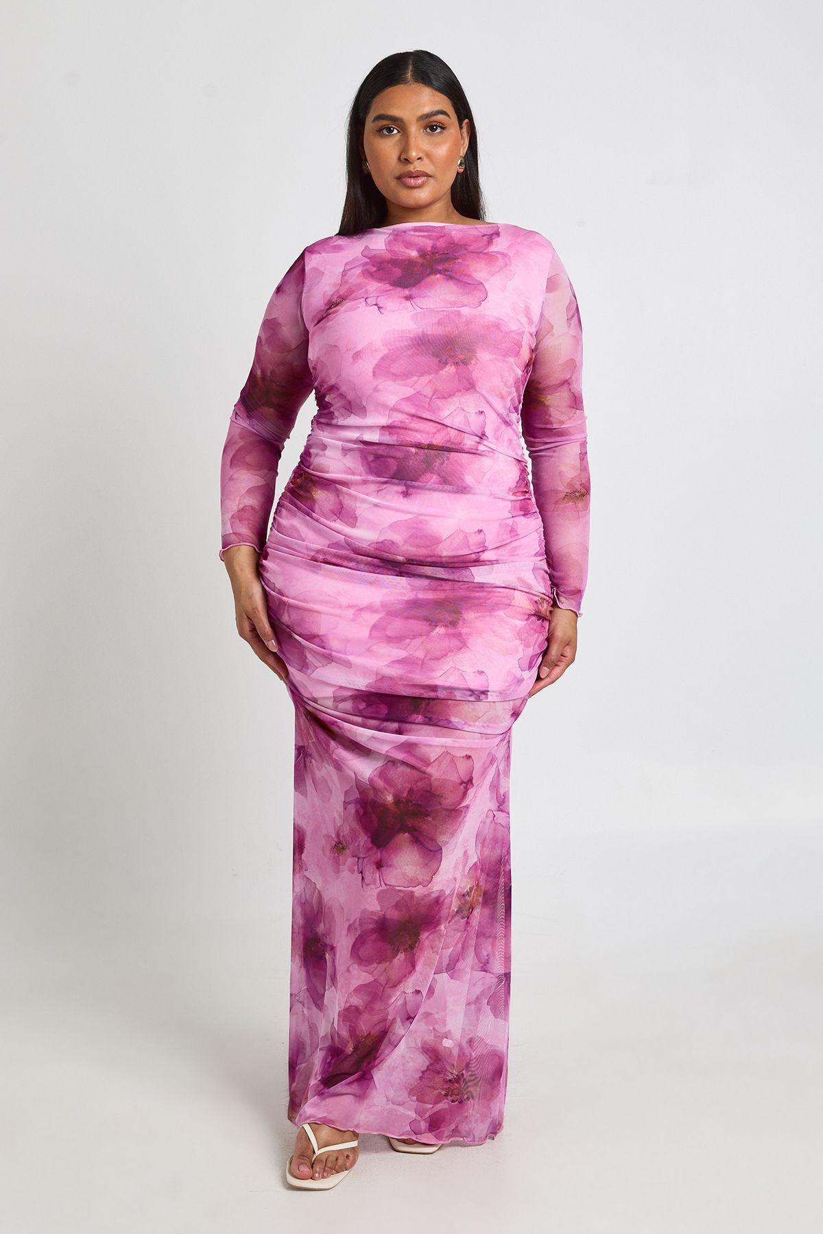 Plus Floral Ruched Mesh Maxi Dress by BOOHOO