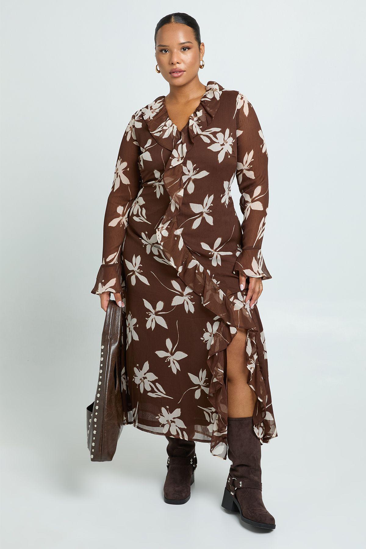 Plus Floral Ruffle Midaxi Dress by BOOHOO