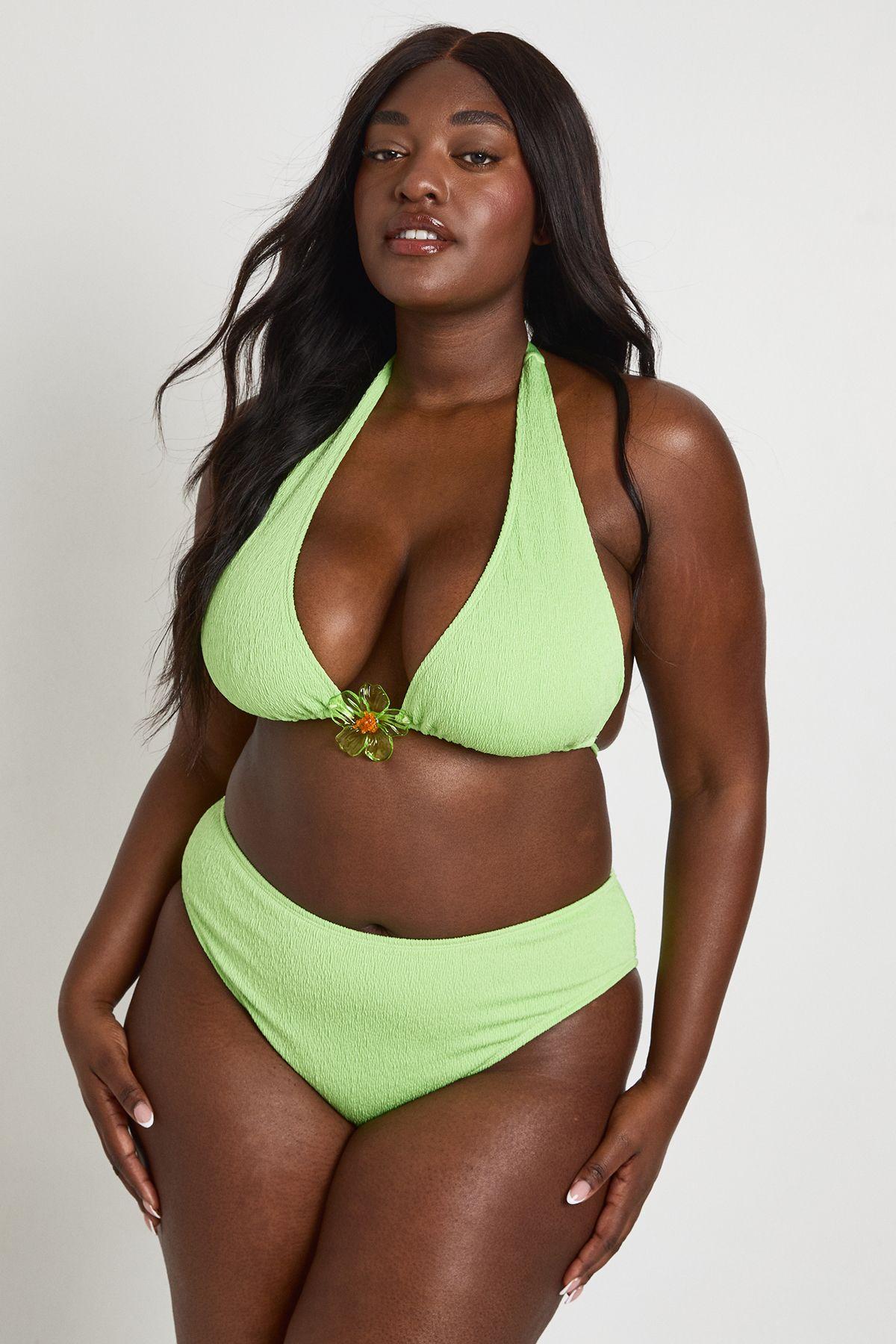 Plus  Flower Trim Textured Triangle Bikini Top And High Waist Bikini Bottom by BOOHOO