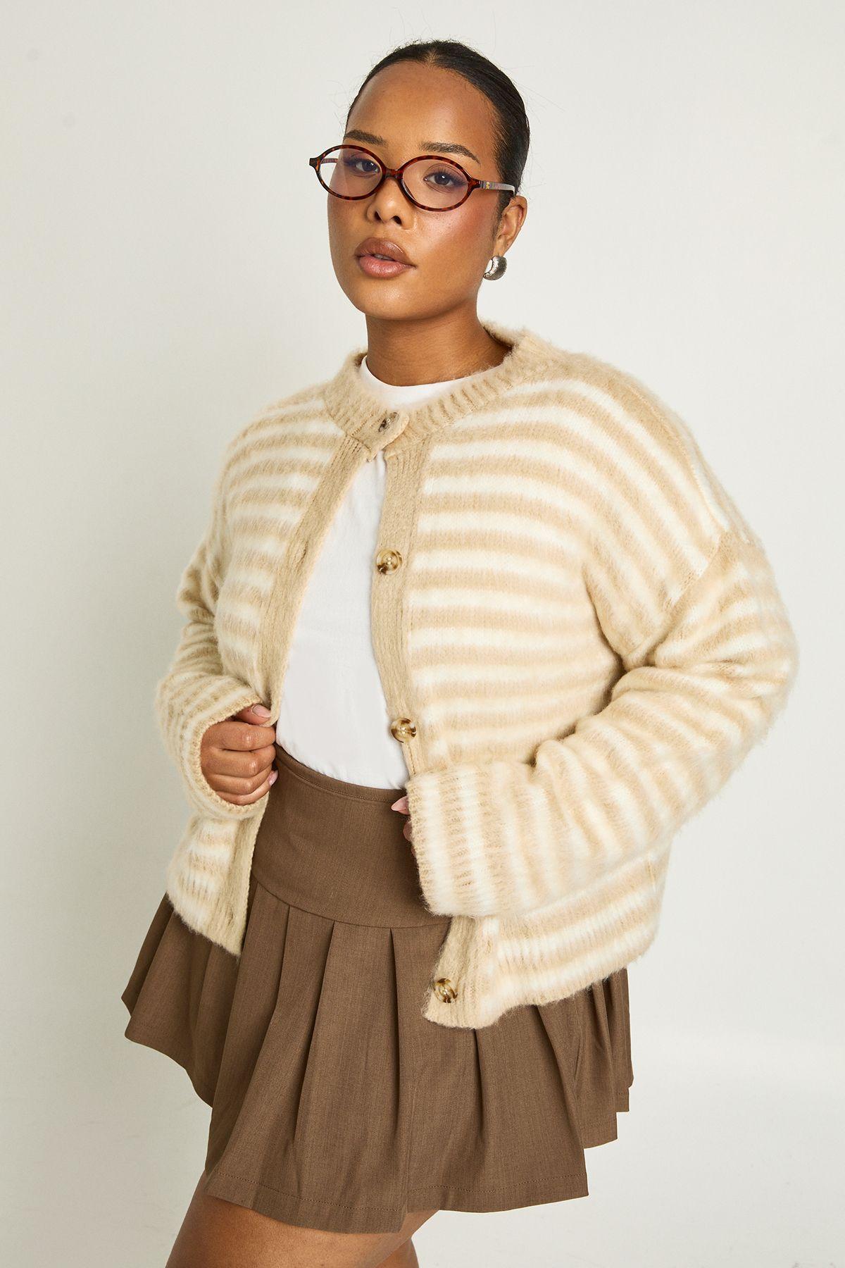 Plus Fluffy Crew Neck Knitted Cardigan by BOOHOO