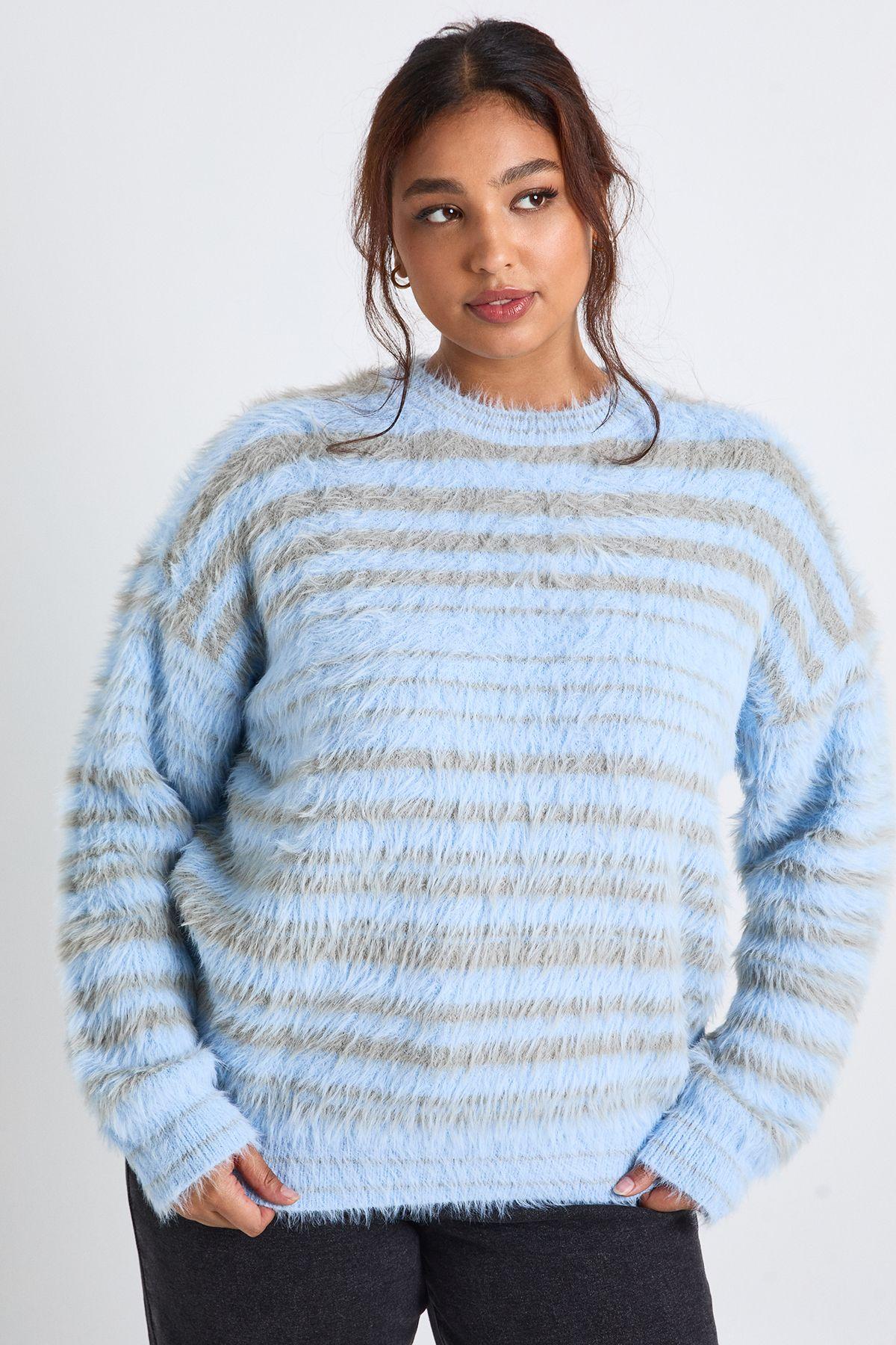 Plus Fluffy Knit Oversized Stripe Jumper by BOOHOO