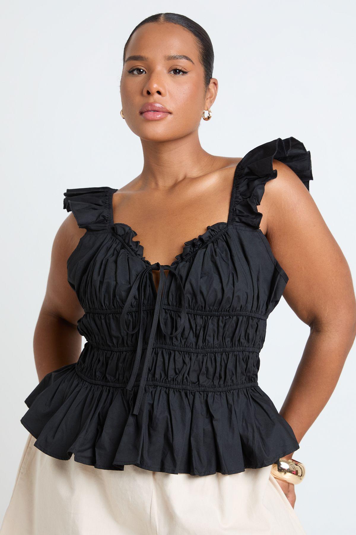 Plus Frill Sleeve Shirred Tie Top by BOOHOO