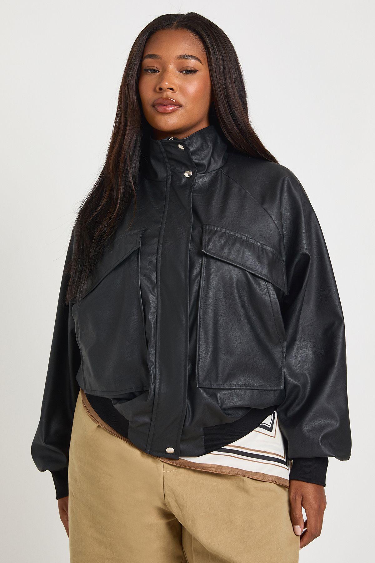 Plus Funnel Neck Oversized Leather Jacket by BOOHOO