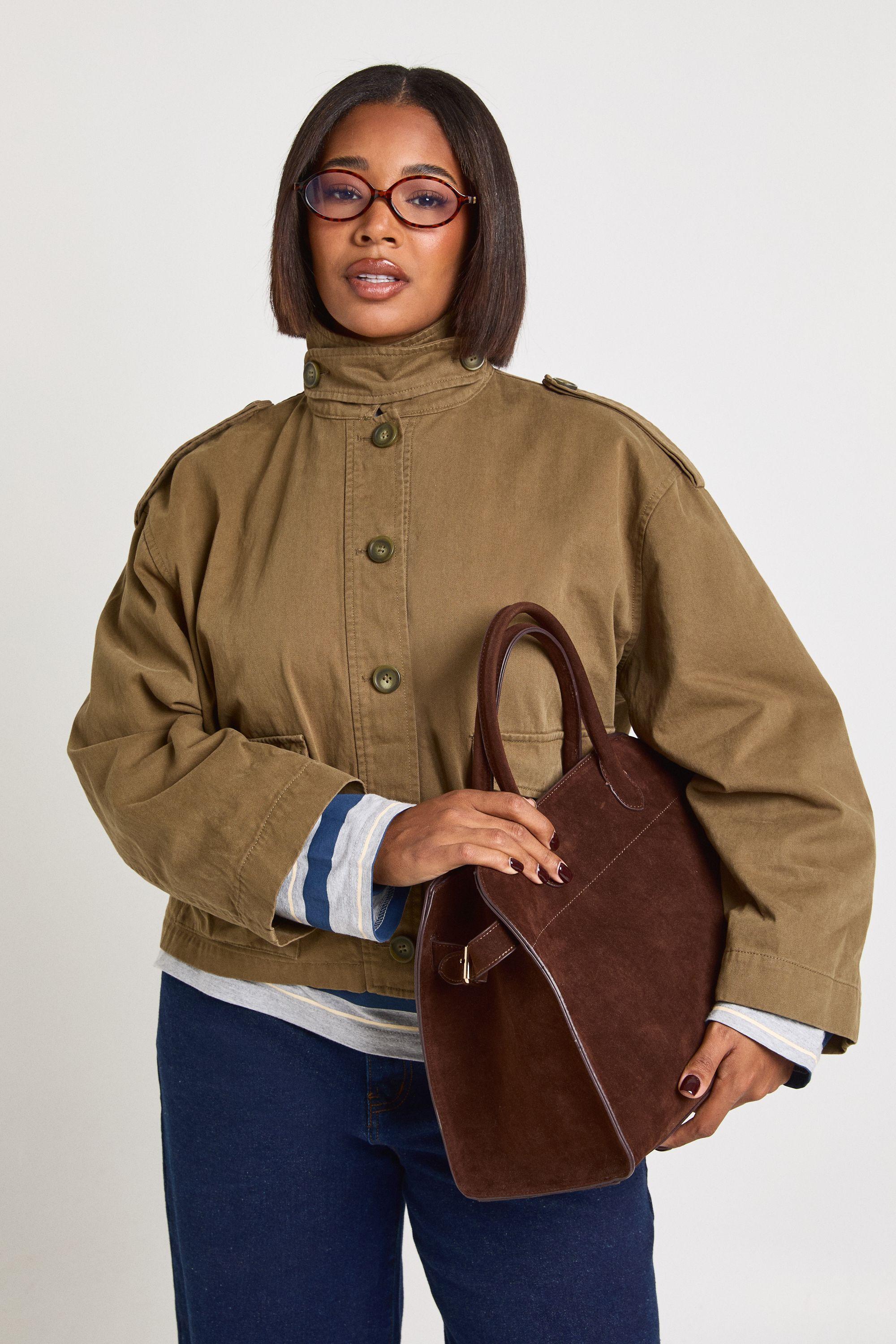 Plus Funnel Neck Twill Utility Shacket by BOOHOO