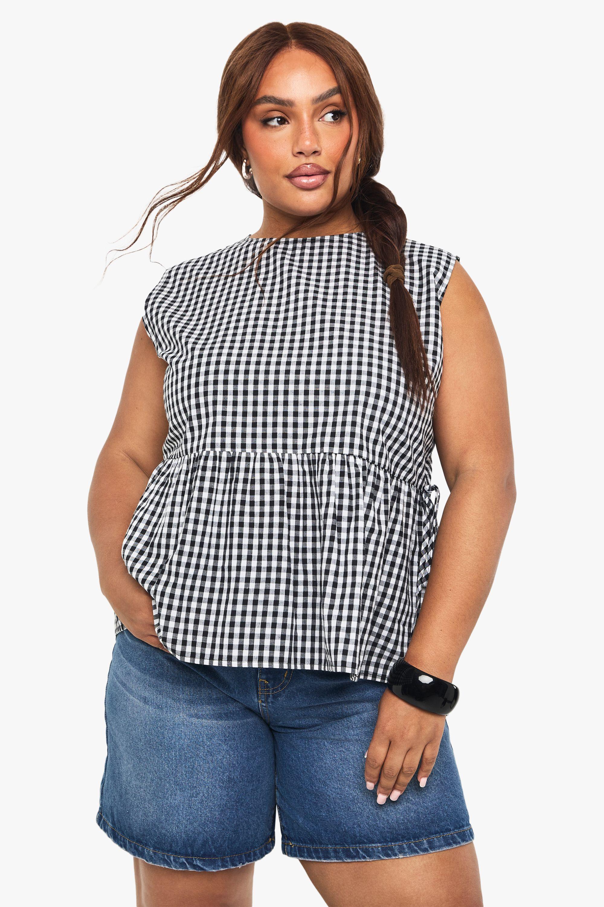 Plus Gingham Tie Side Smock Top by BOOHOO