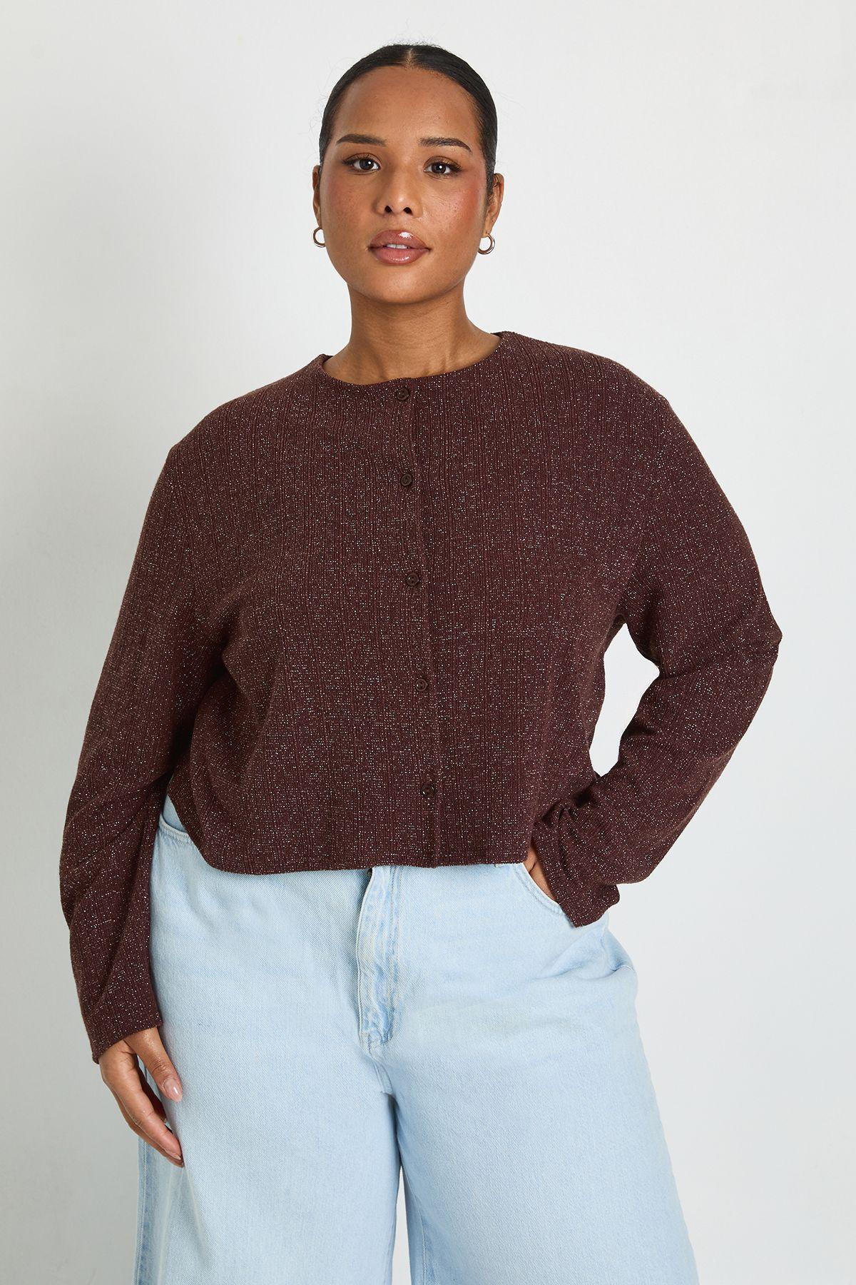 Plus Glitter Rib Gold Button Through Boxy Top by BOOHOO