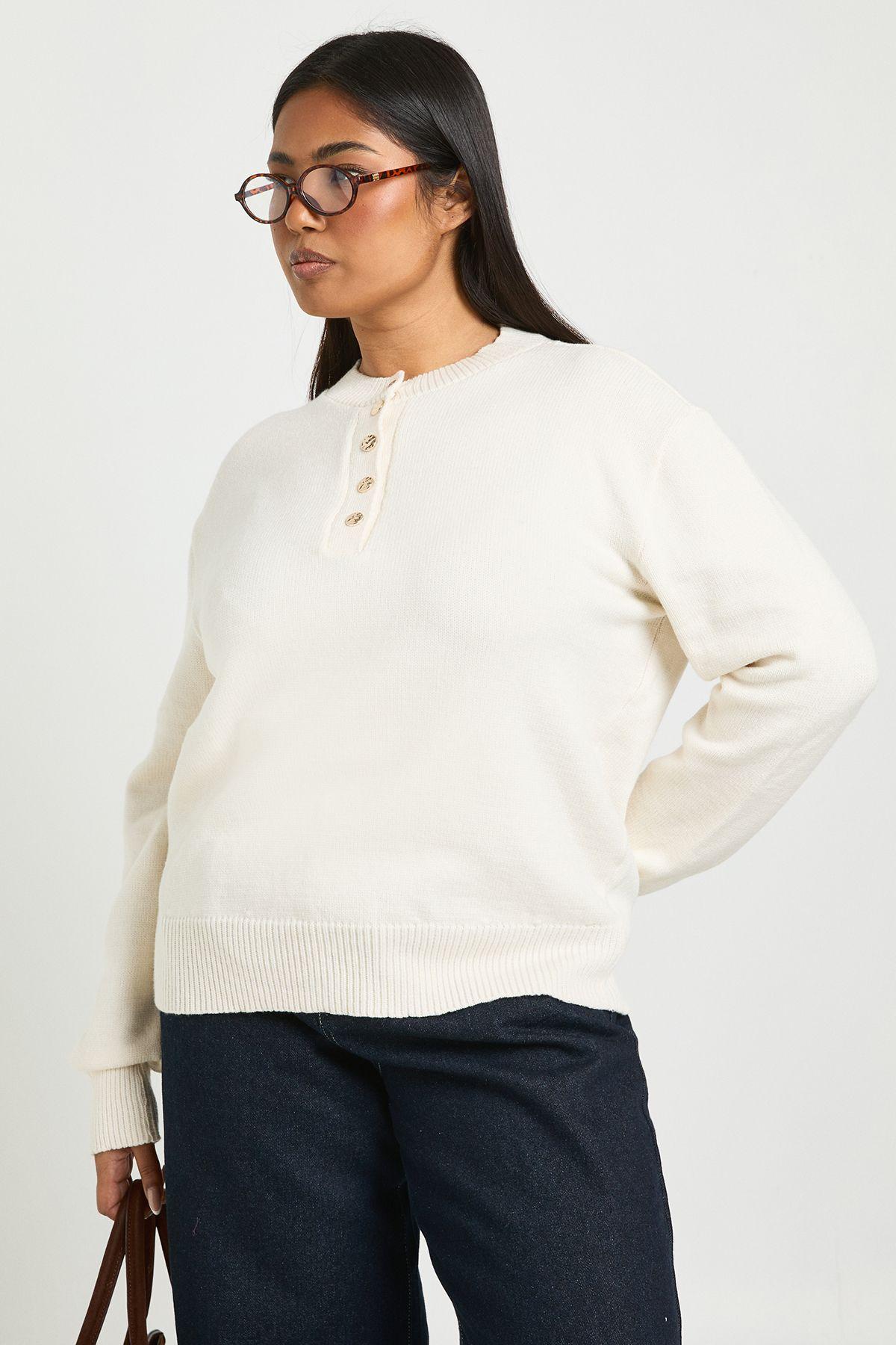 Plus Gold Button Crew Neck Jumper by BOOHOO