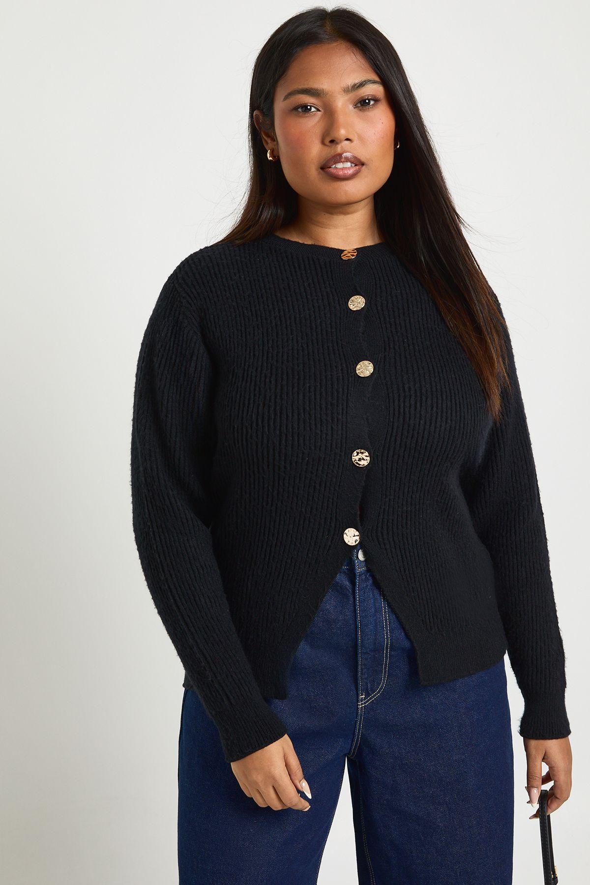 Plus Gold Button Crew Neck Knit Cardigan by BOOHOO