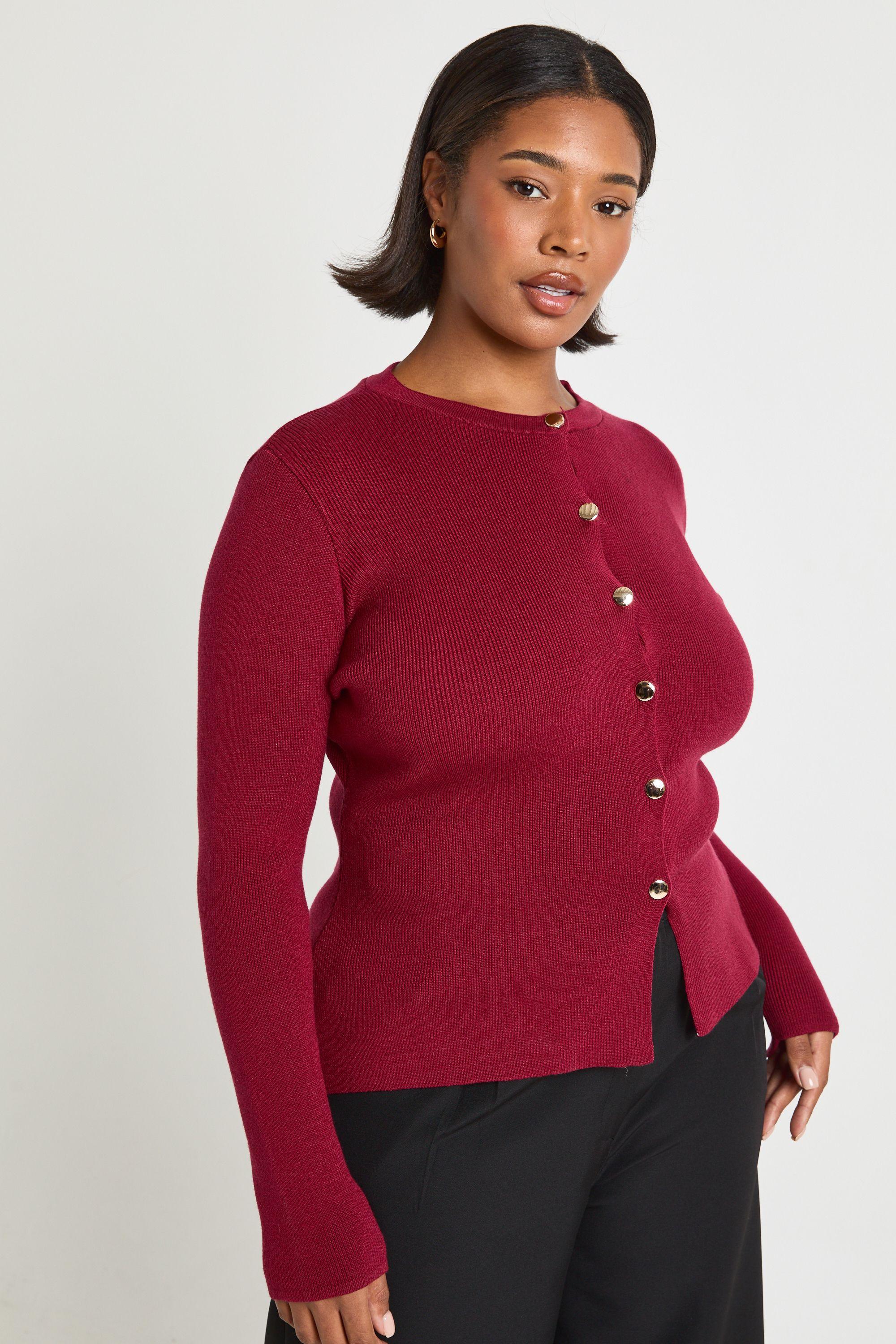 Plus Gold Button Crew Neck Peplum Cardigan by BOOHOO