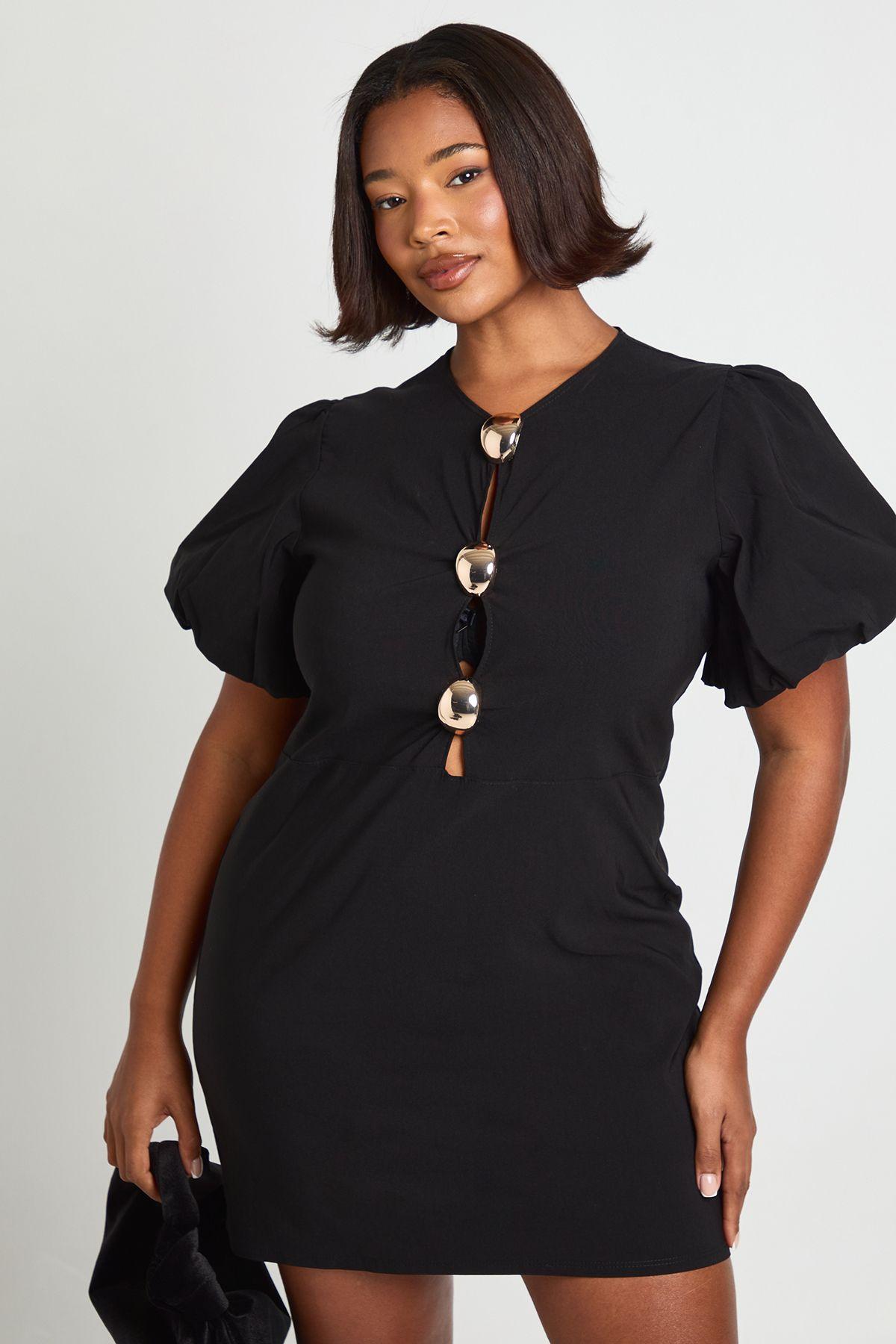 Plus Gold Trim Detail Puff Sleeve Shift Dress by BOOHOO