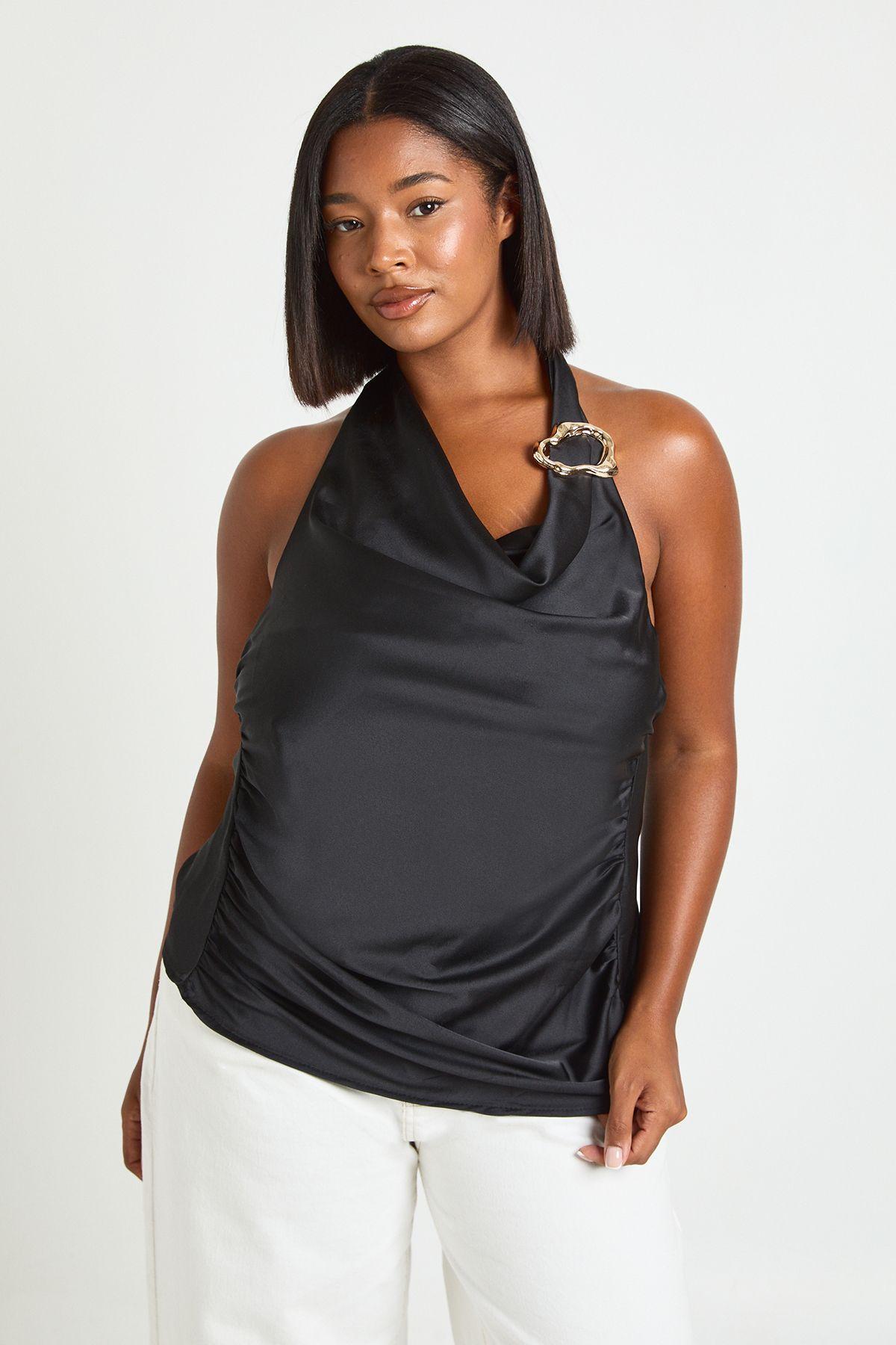 Plus Gold Trim Halter Satin Top by BOOHOO