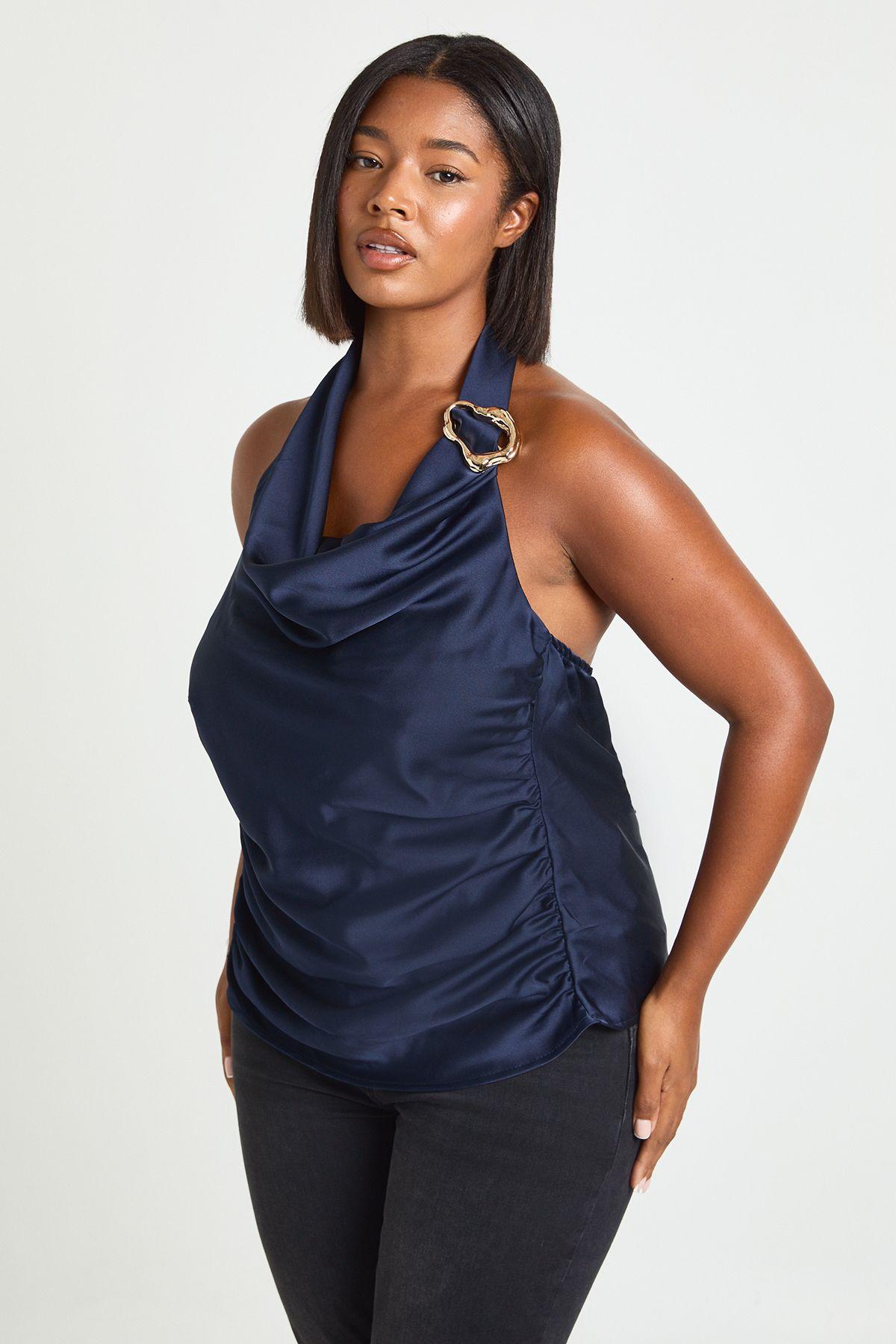 Plus Gold Trim Halter Satin Top by BOOHOO