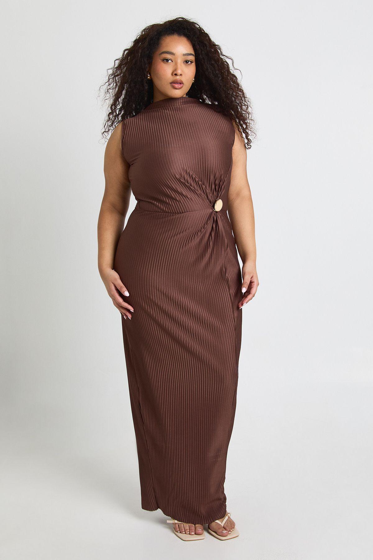 Plus Gold Trim Plisse High Neck Maxi Dress by BOOHOO