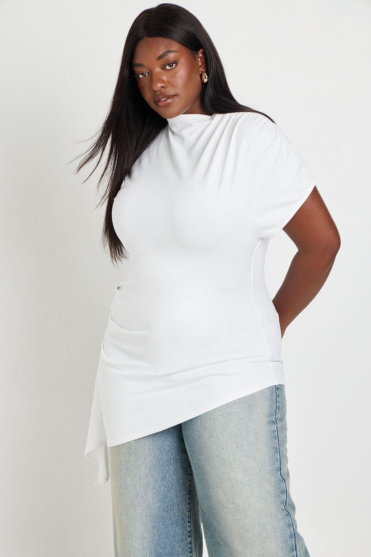 Plus Grown On Neck Cinched Waist TShirt With Drape Side Detail by BOOHOO