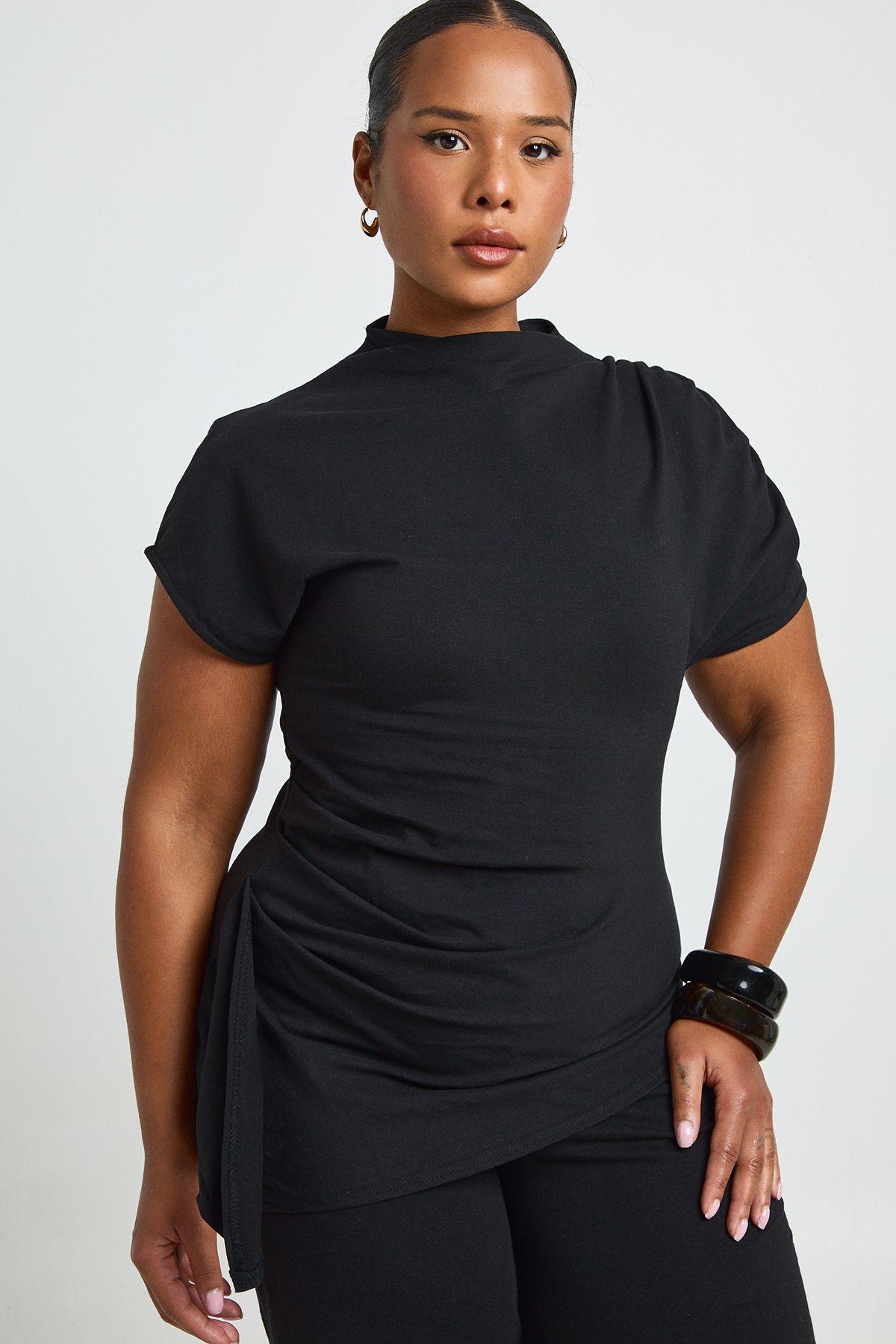 Plus Grown On Neck Cinched Waist TShirt With Drape Side Detail by BOOHOO