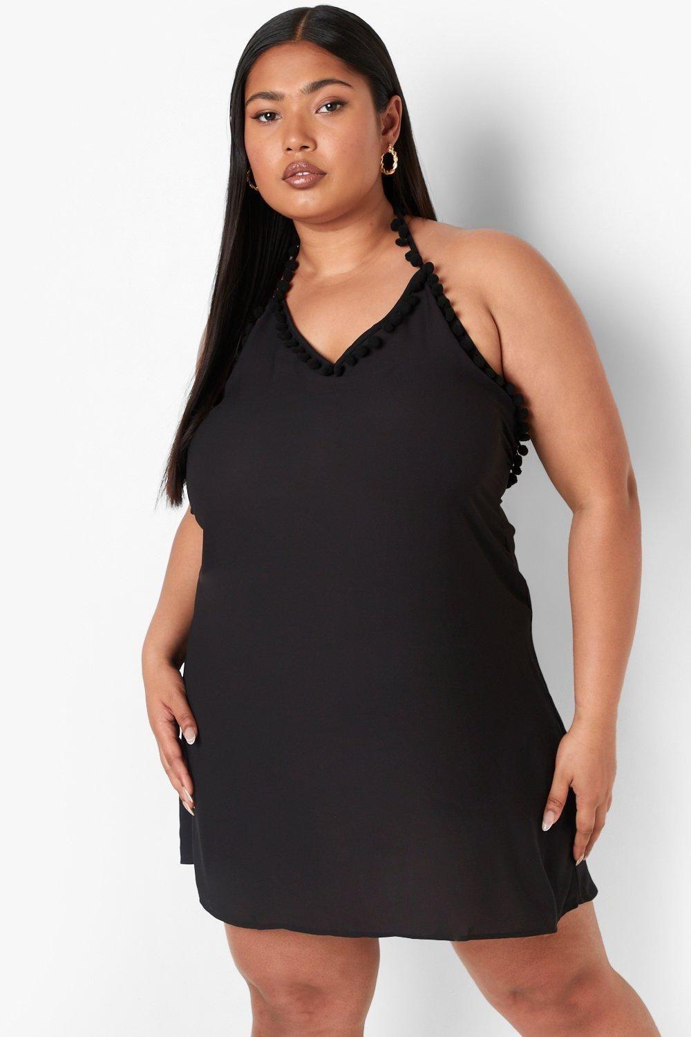 Plus Halterneck Pom Pom Trim Swing Dress by BOOHOO Plus Halterneck Pom Pom Trim Swing Dress by BOOHOO