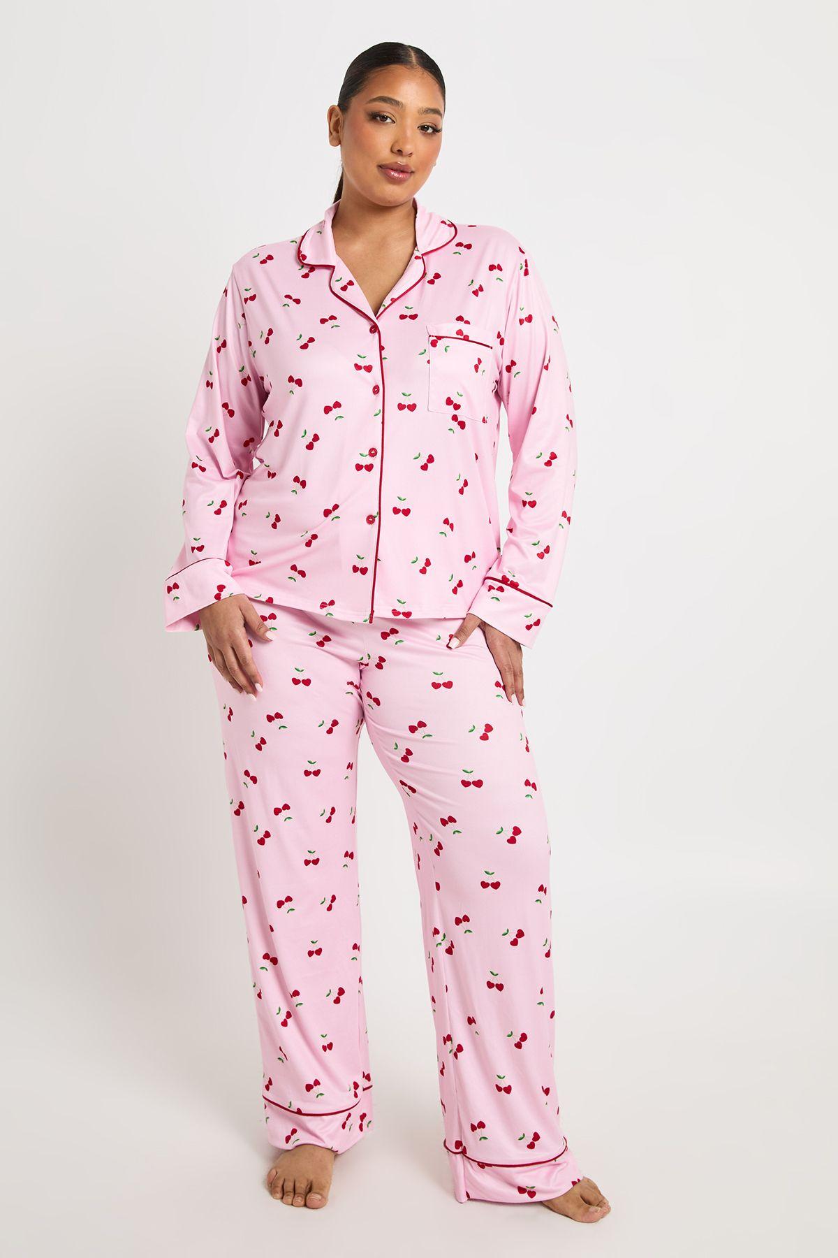 Plus Heart Cherry Print Long Sleeve Shirt & Trouser 3 Piece Pyjama Set by BOOHOO