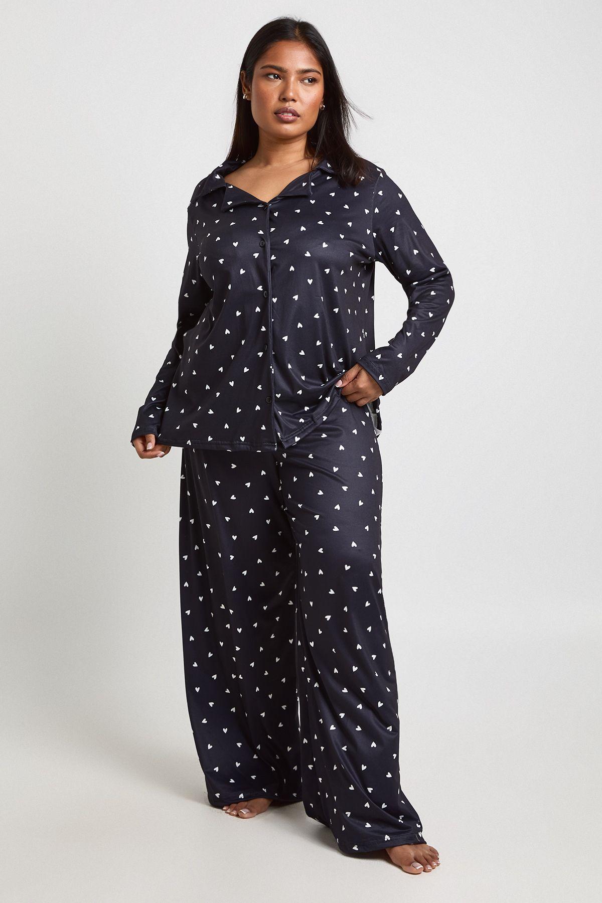 Plus Heart Print Long Sleeve Shirt & Trouser Pyjama Set by BOOHOO