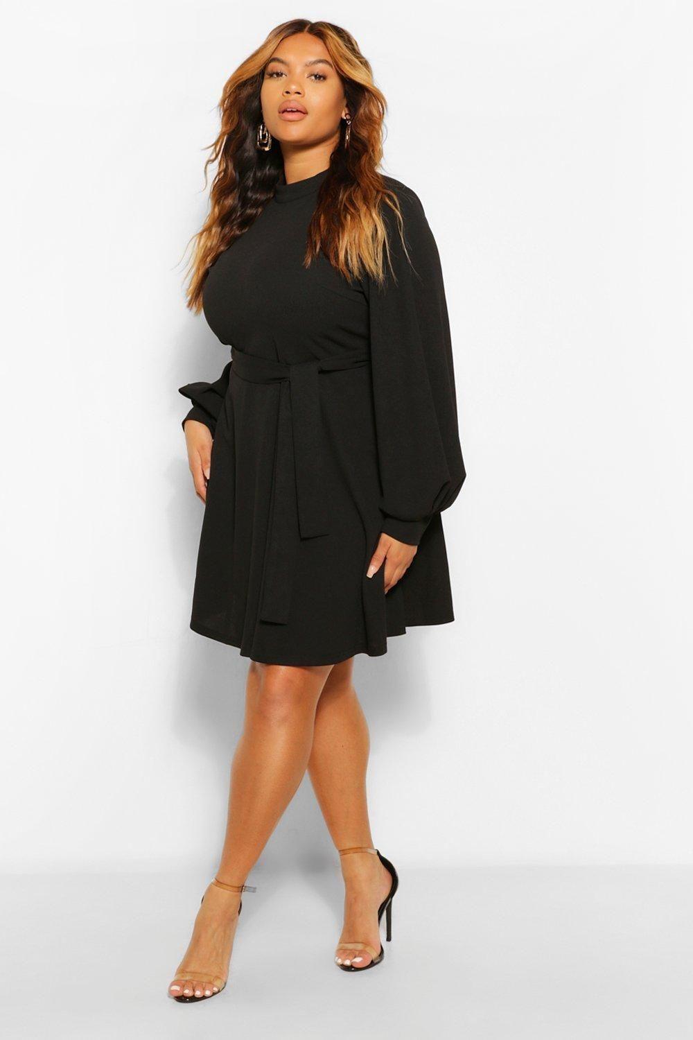 Plus High Neck Blouson Sleeve Skater Dress by BOOHOO