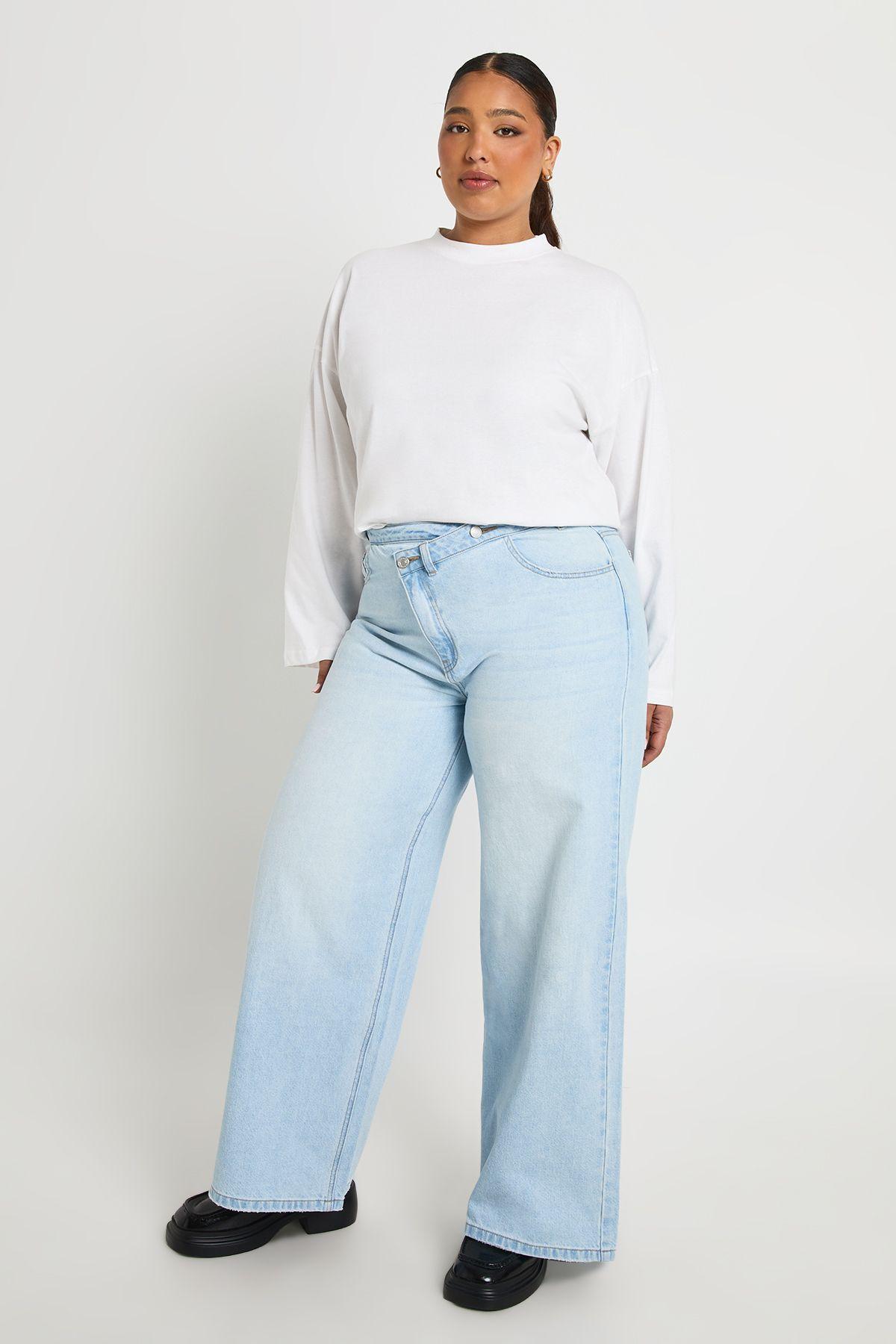Plus High Waist Crossover Waistband Wide Leg Jean by BOOHOO