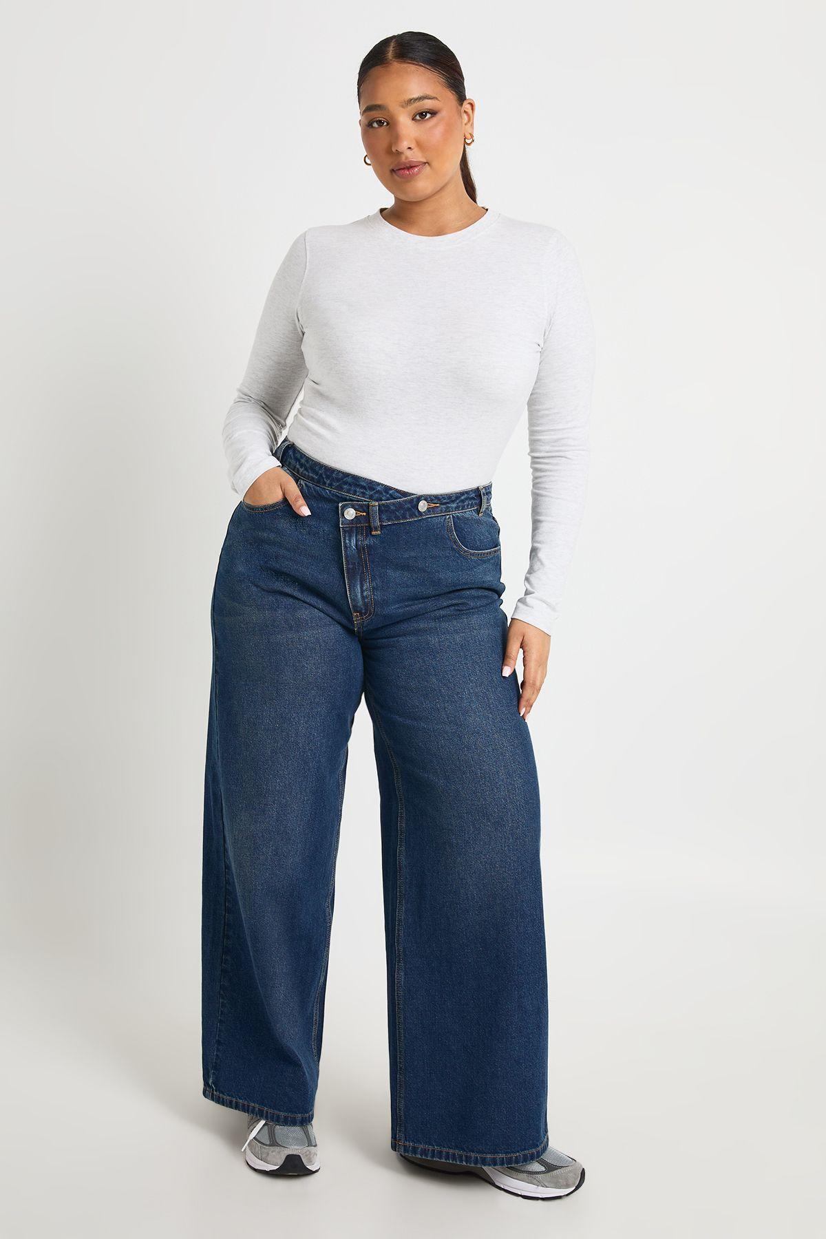 Plus High Waist Crossover Waistband Wide Leg Jean by BOOHOO