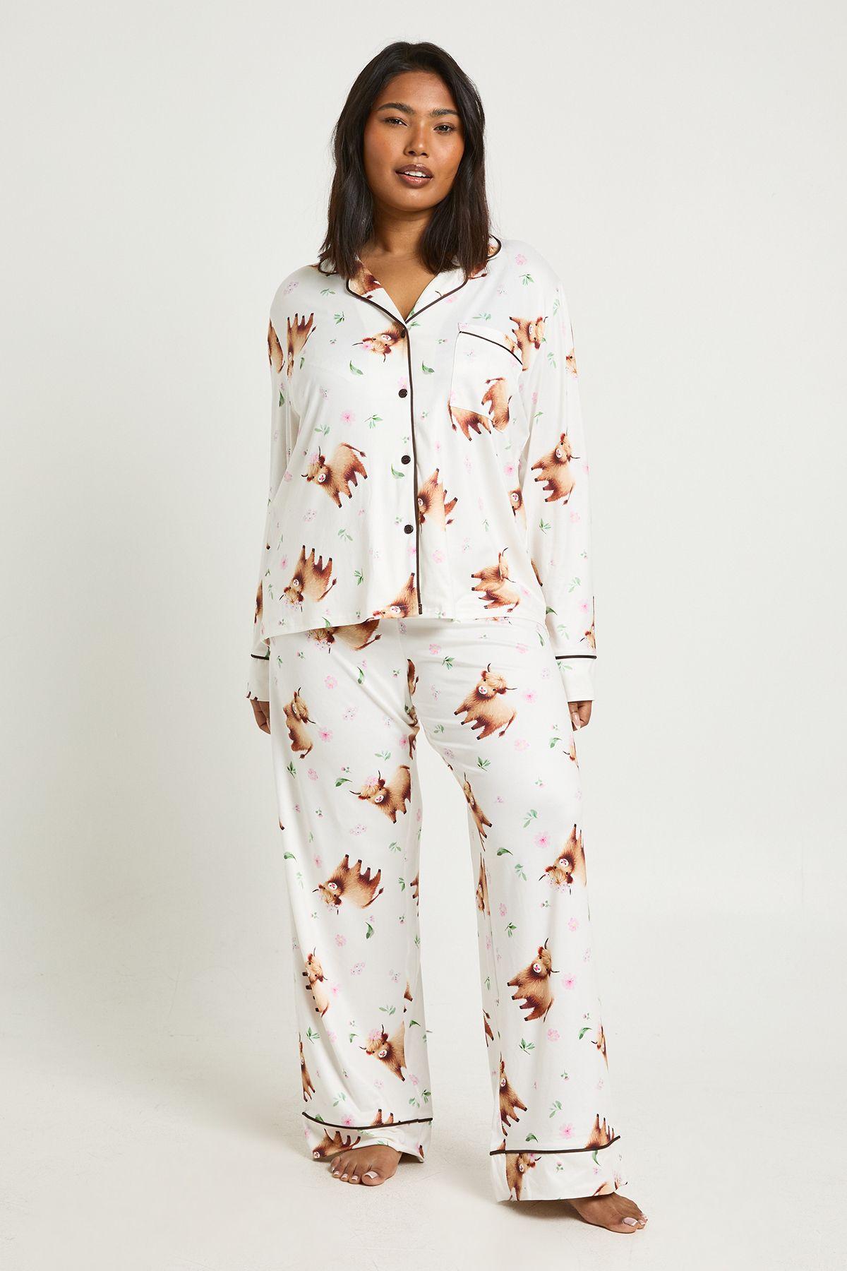Plus Highland Cow Print Long Sleeve Shirt & Trouser Pyjama Set by BOOHOO