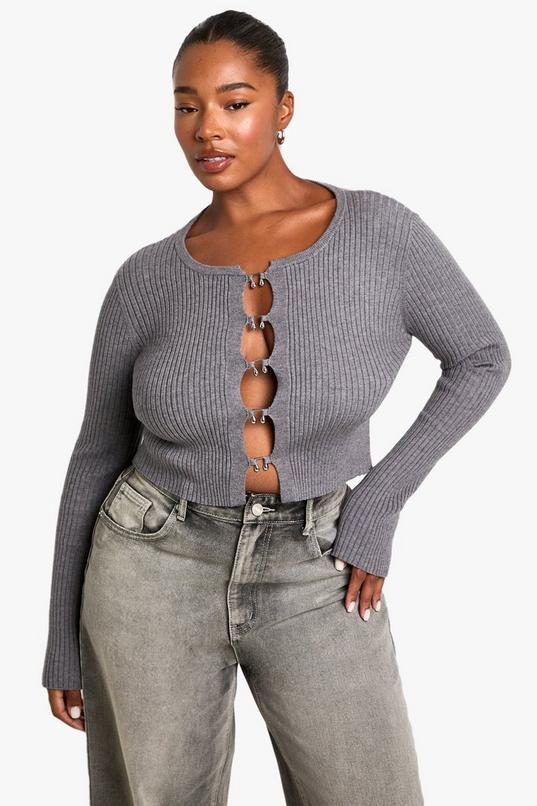 Plus Hook Detail Rib Cardigan by BOOHOO