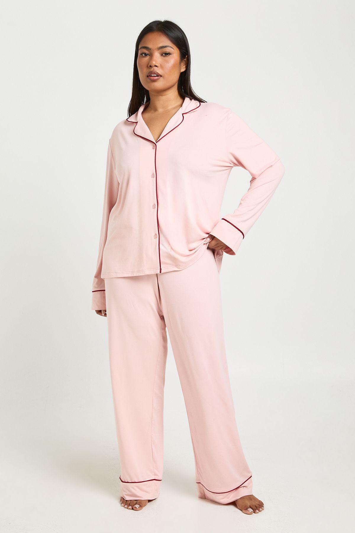Plus Jersey Piping Detail Long Sleeve & Trouser Pyjama Set by BOOHOO