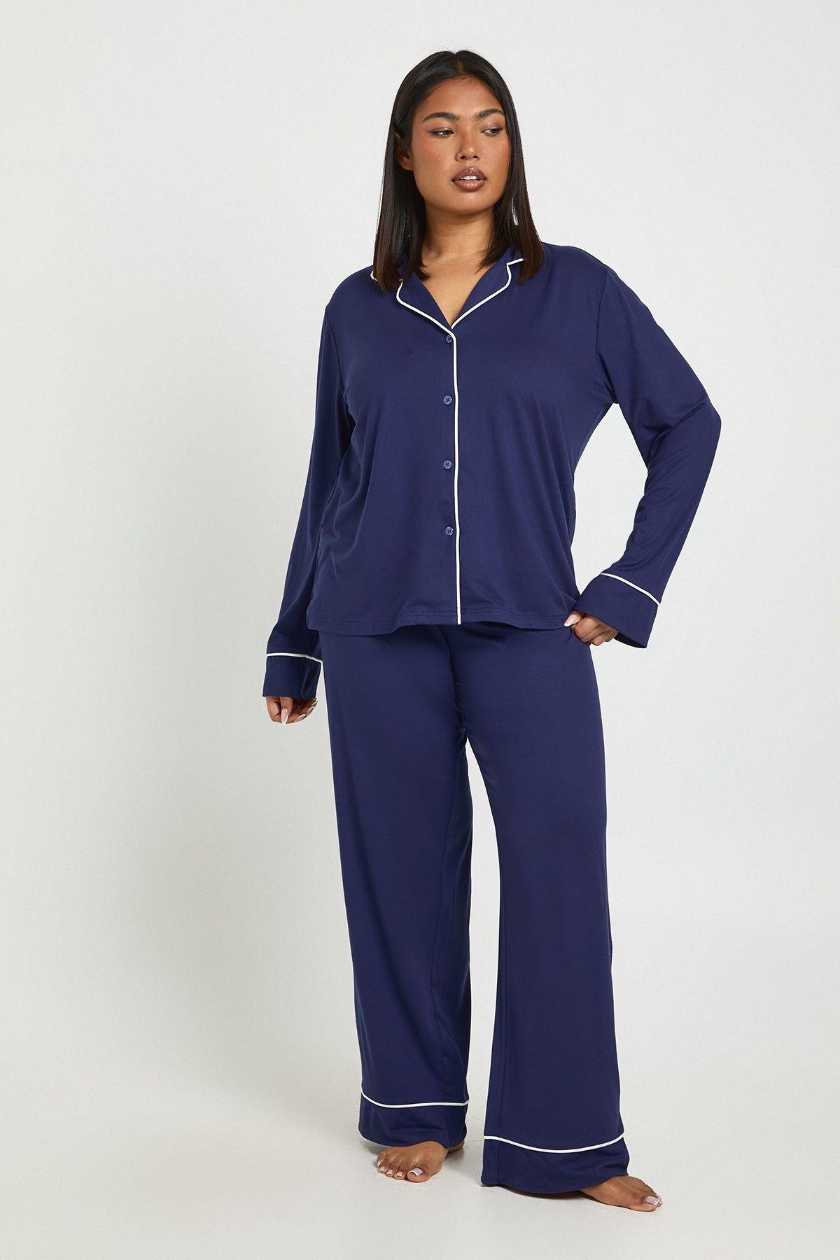 Plus Jersey Piping Detail Long Sleeve & Trouser Pyjama Set by BOOHOO