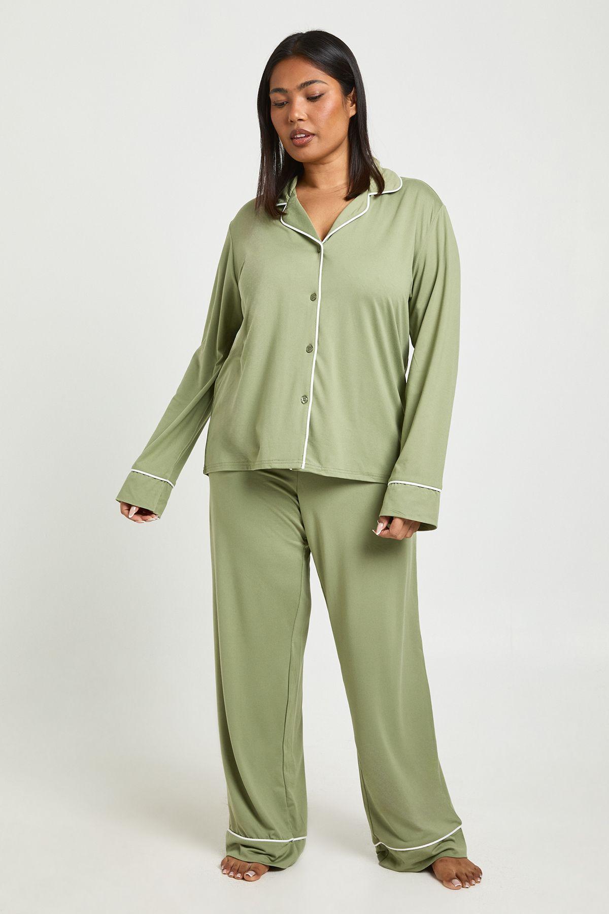 Plus Jersey Piping Detail Long Sleeve & Trouser Pyjama Set by BOOHOO
