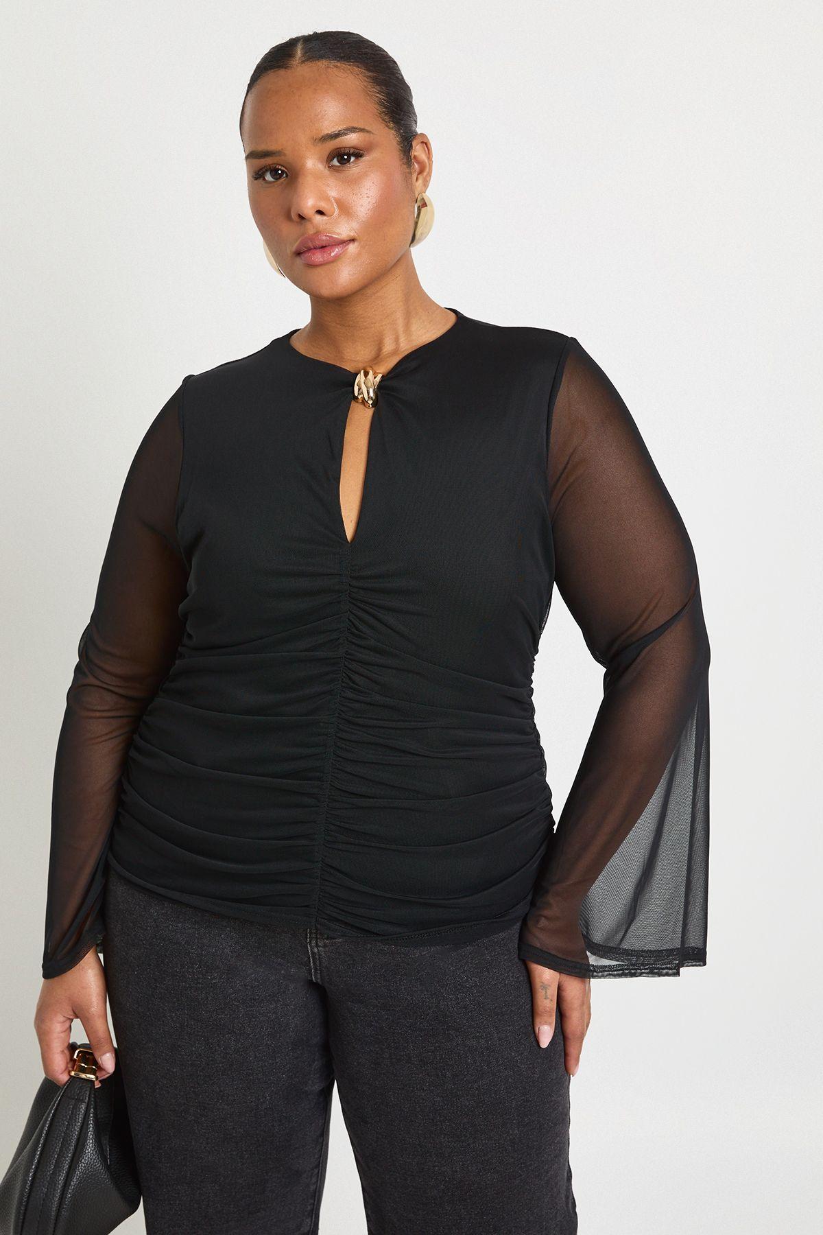 Plus Keyhole Trim Flare Sleeve Blouse by BOOHOO