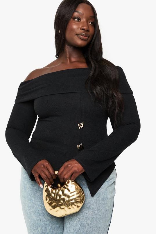 Plus Knitted Bardot Gold Trim Split Hem Top by BOOHOO