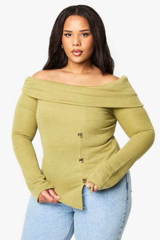 Plus Knitted Bardot Gold Trim Split Hem Top by BOOHOO