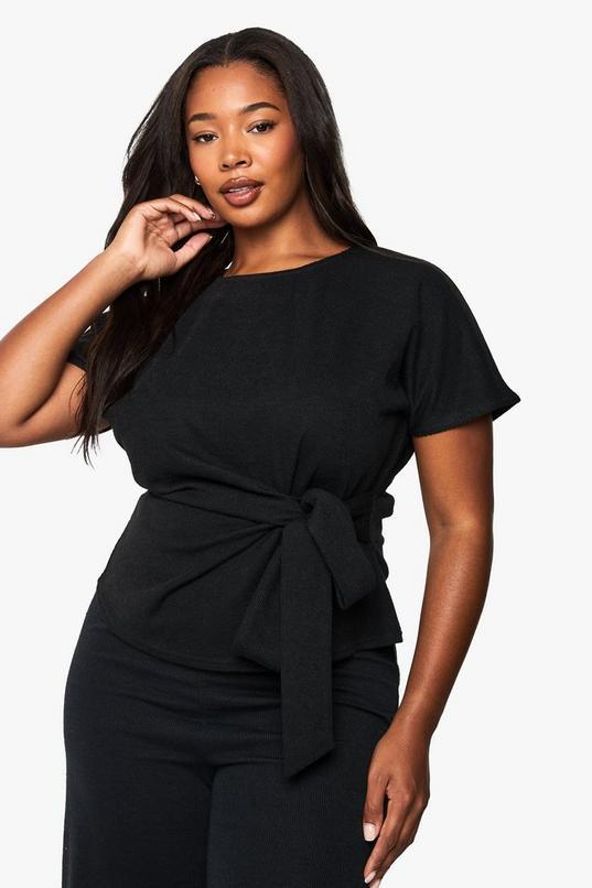 Plus Knitted Drape Detail Short Sleeve Top by BOOHOO