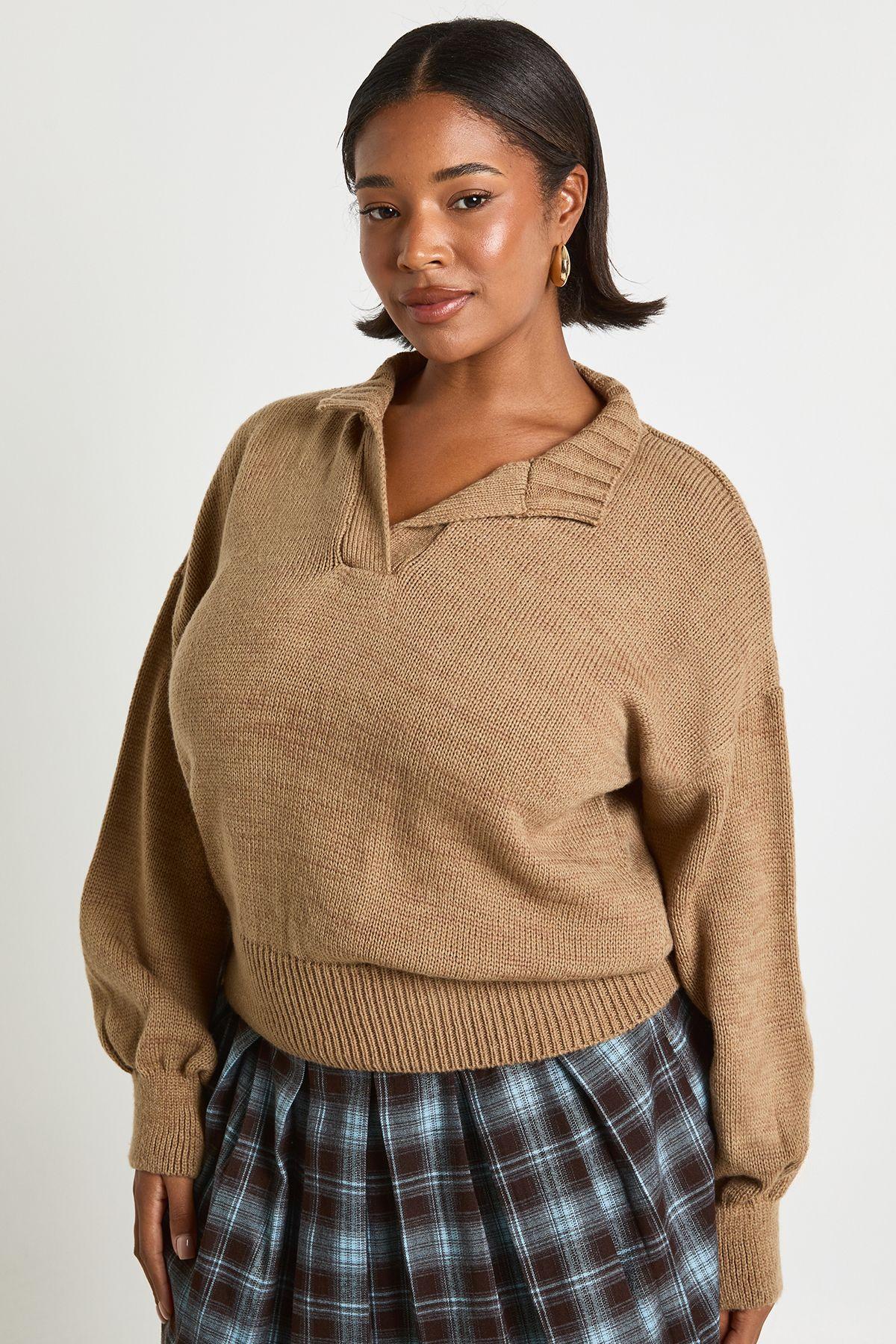 Plus Knitted Rib Hem Collared Jumper by BOOHOO