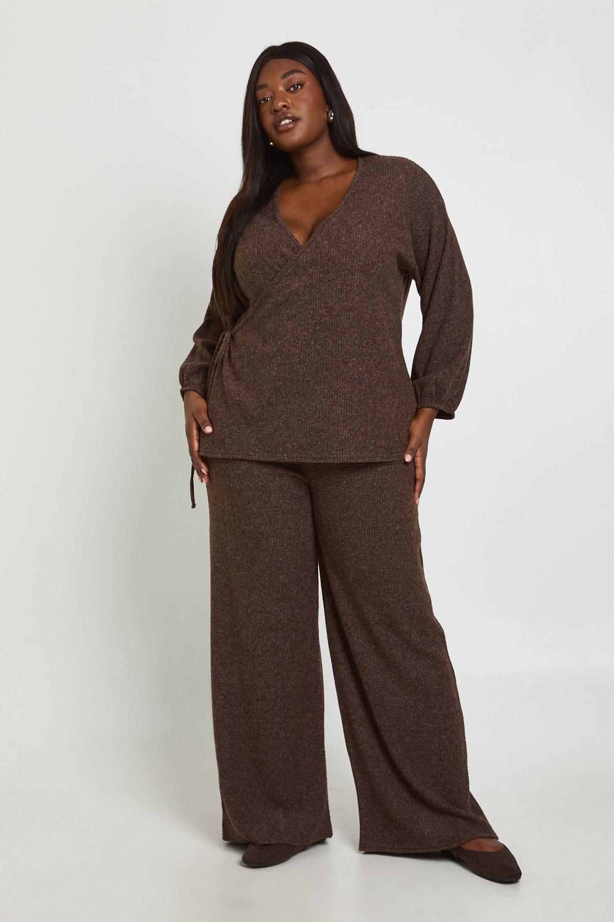 Plus Knitted Wrap Top And Wide Leg Trouser Co-Ord by BOOHOO