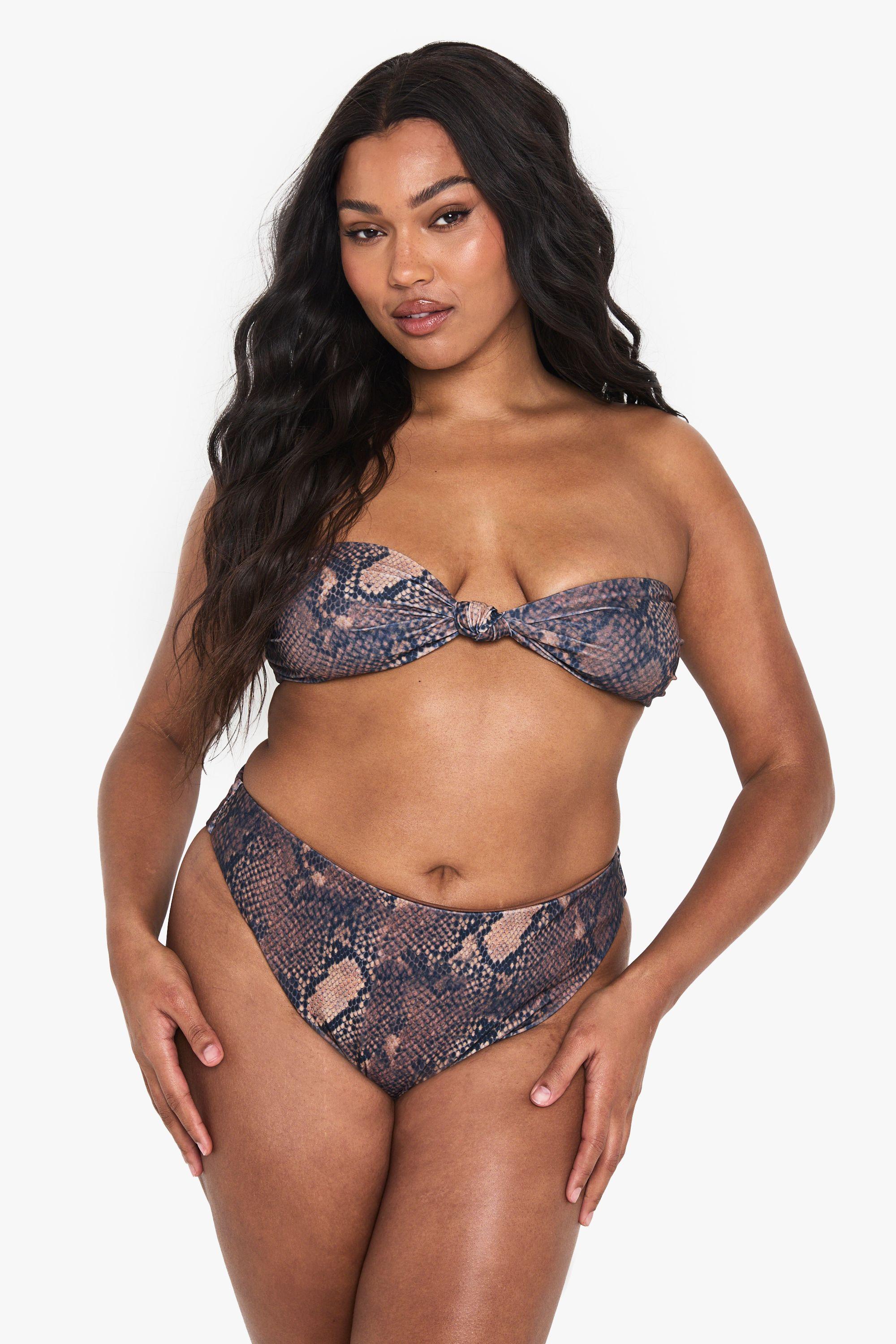 Plus Knot Detail Snake Print Bandeau Bikini Top by BOOHOO