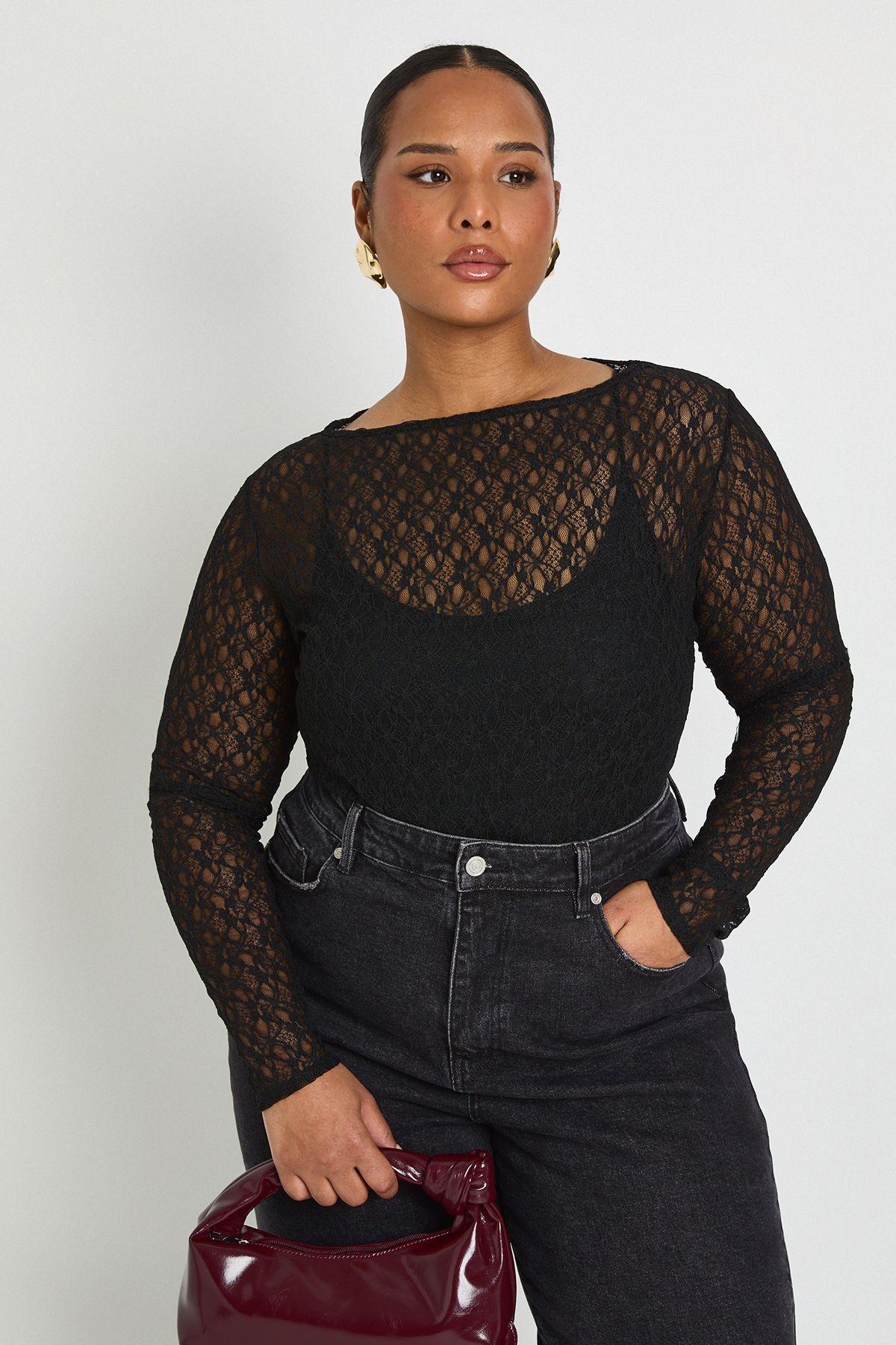 Plus Lace Long Sleeve Bodysuit by BOOHOO