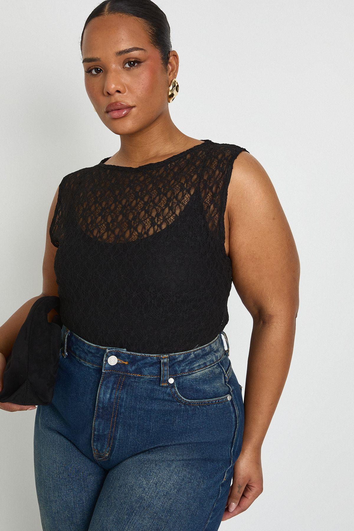 Plus Lace Racer Neck Bodysuit by BOOHOO