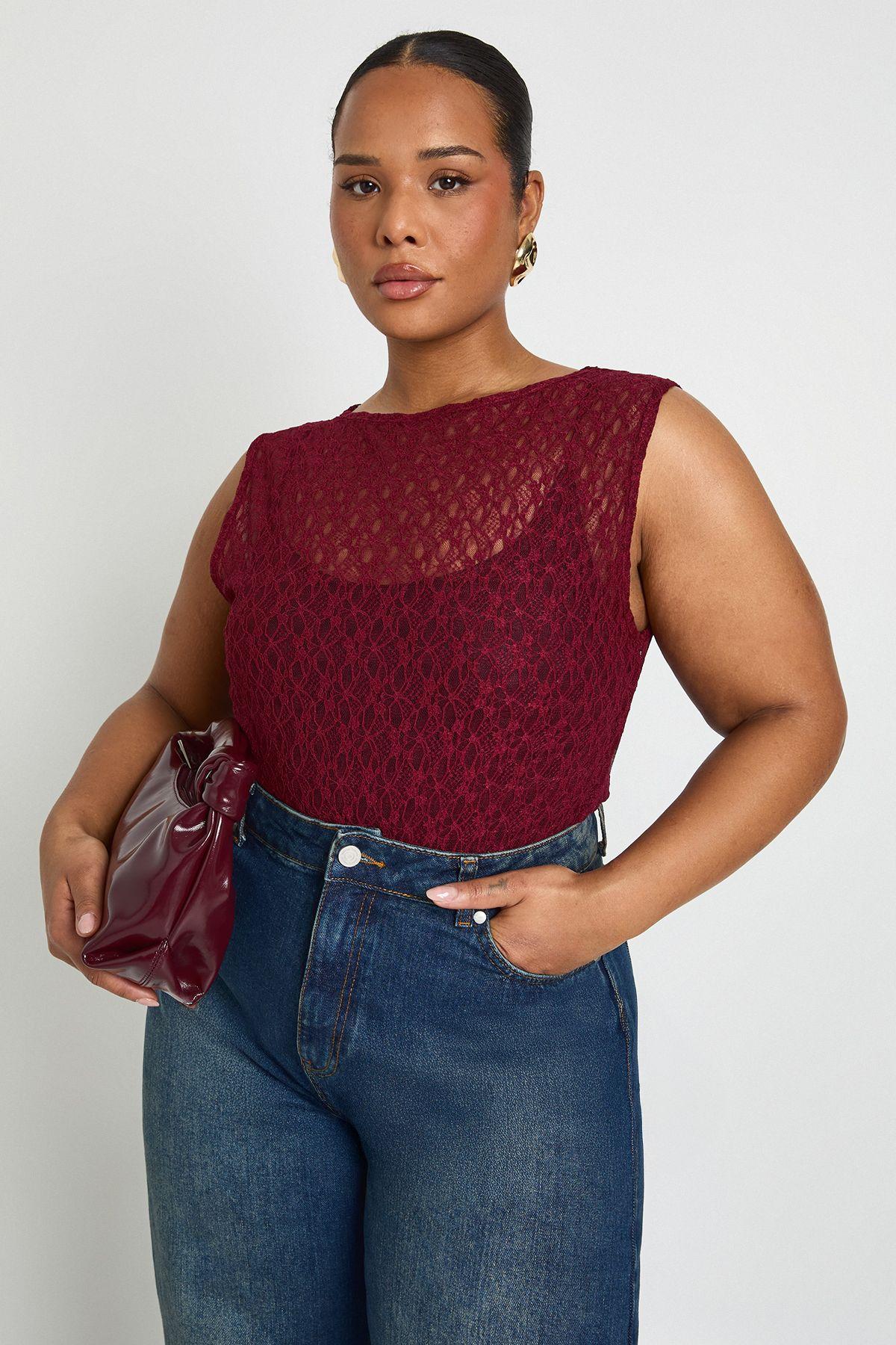 Plus Lace Racer Neck Bodysuit by BOOHOO