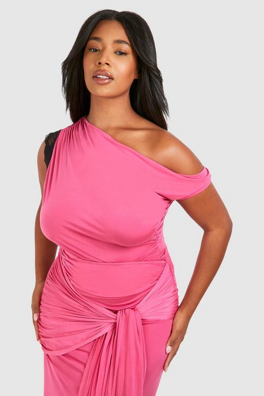 Plus Lace Trim Off The Shoulder Asymmetric Top by BOOHOO