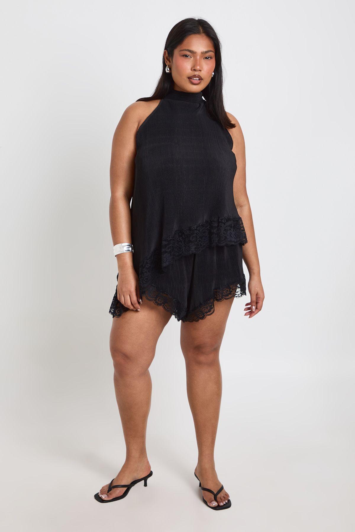 Plus Lace Trim Plisse Asymmetric Top by BOOHOO