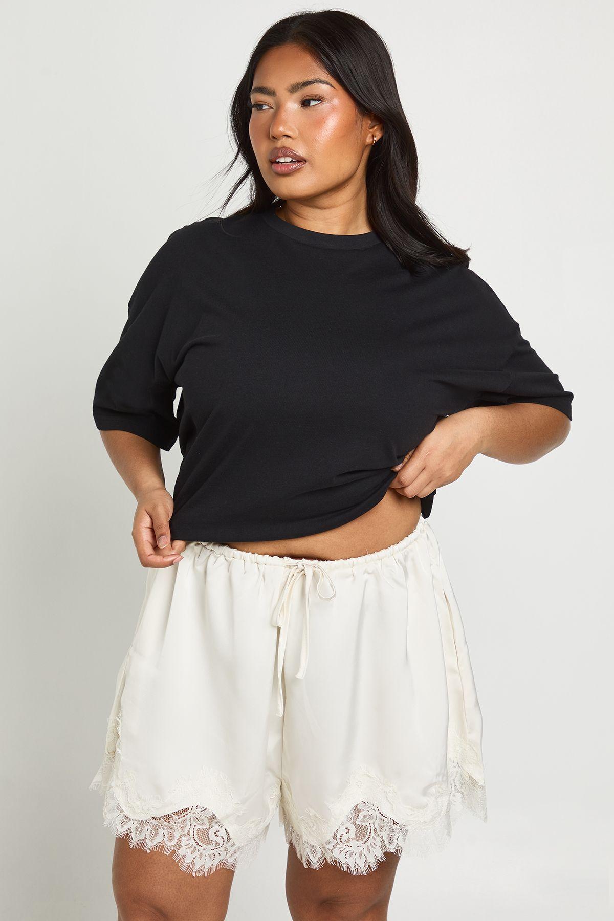 Plus Lace Trim Satin Shorts by BOOHOO