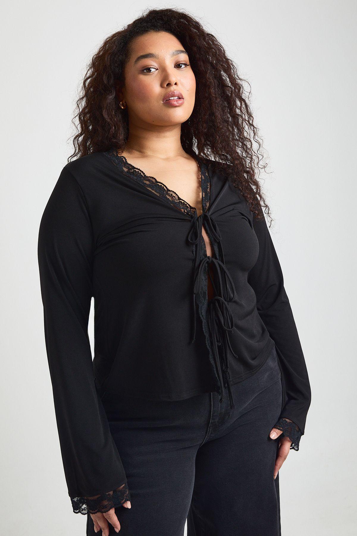 Plus Lace Trim Tie Front Long Sleeve Top by BOOHOO