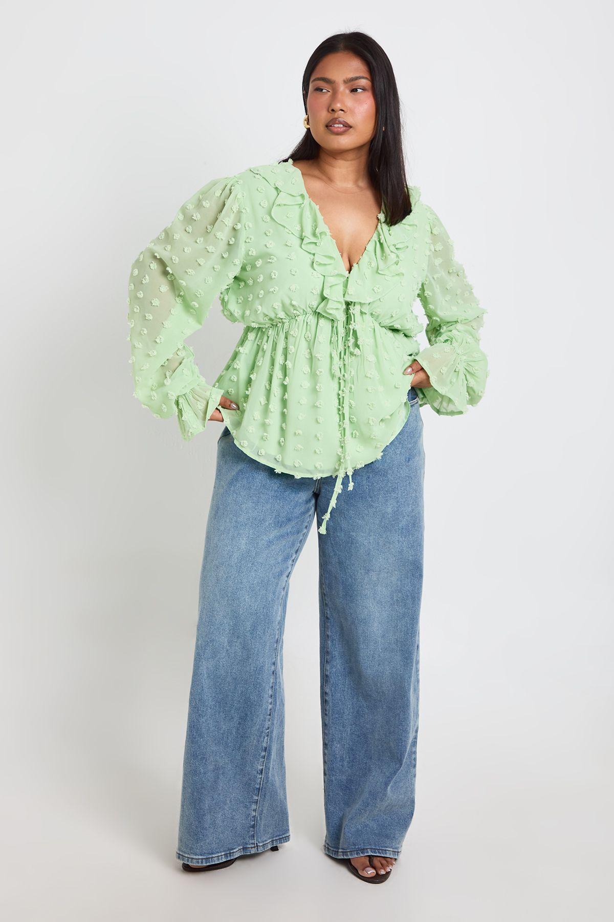 Plus Large Dobby Chiffon Ruffle Smock Top by BOOHOO