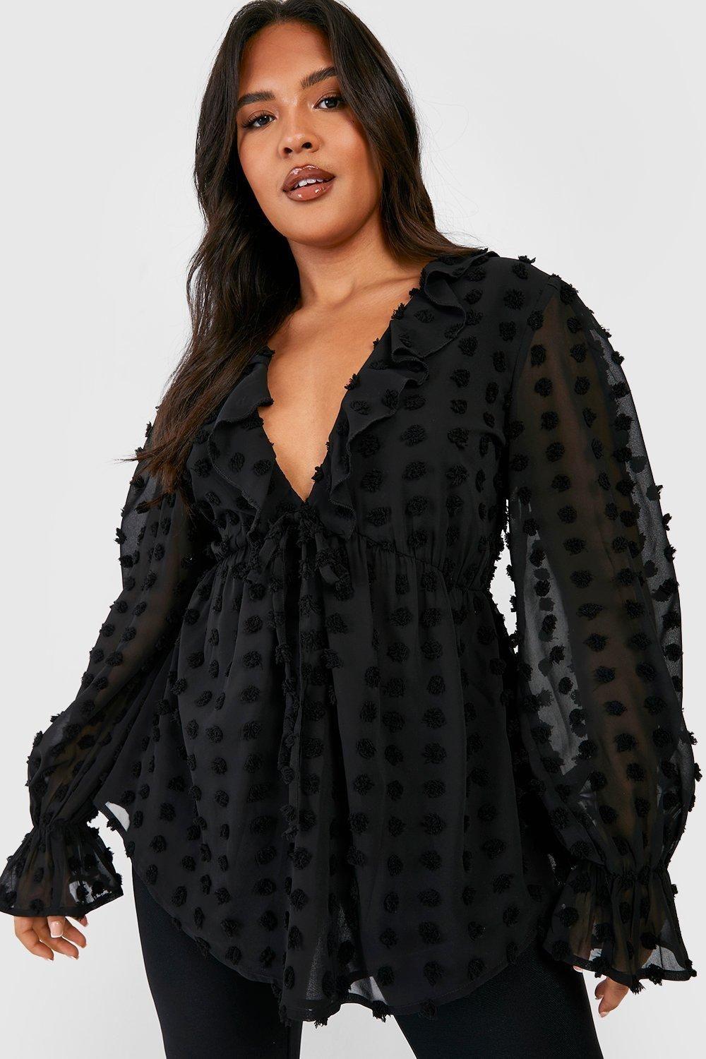 Plus Large Dobby Chiffon Ruffle Smock Top by BOOHOO