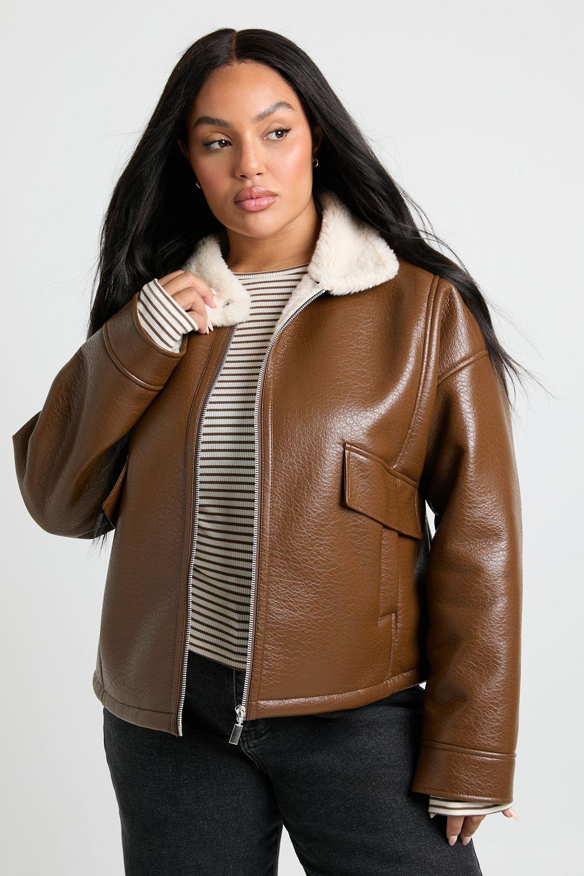 Plus Leather Aviator Jacket by BOOHOO