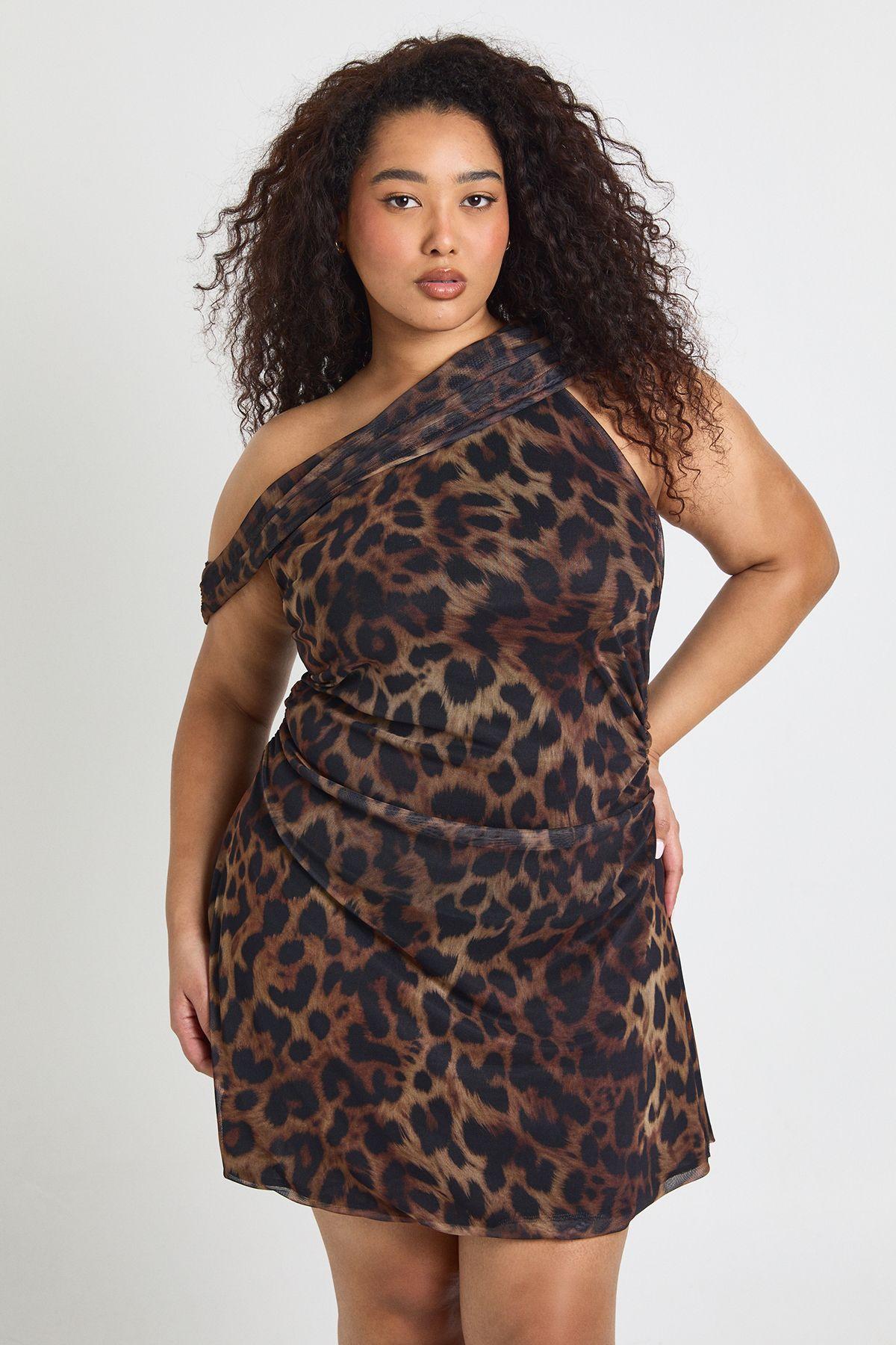 Plus Leopard Asymmetric Mesh Mini Dress by BOOHOO