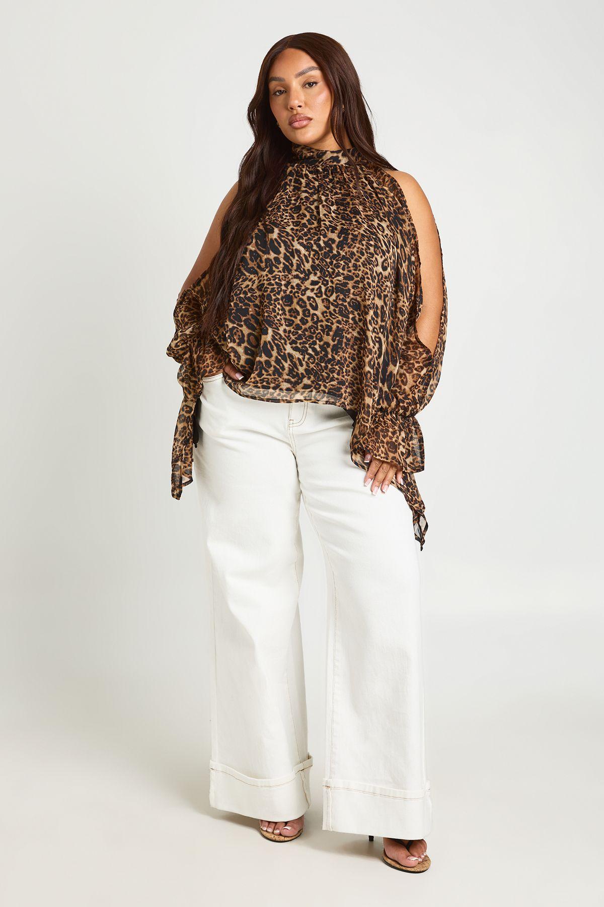 Plus Leopard Chiffon Halterneck Long Sleeve Draped Blouse by BOOHOO