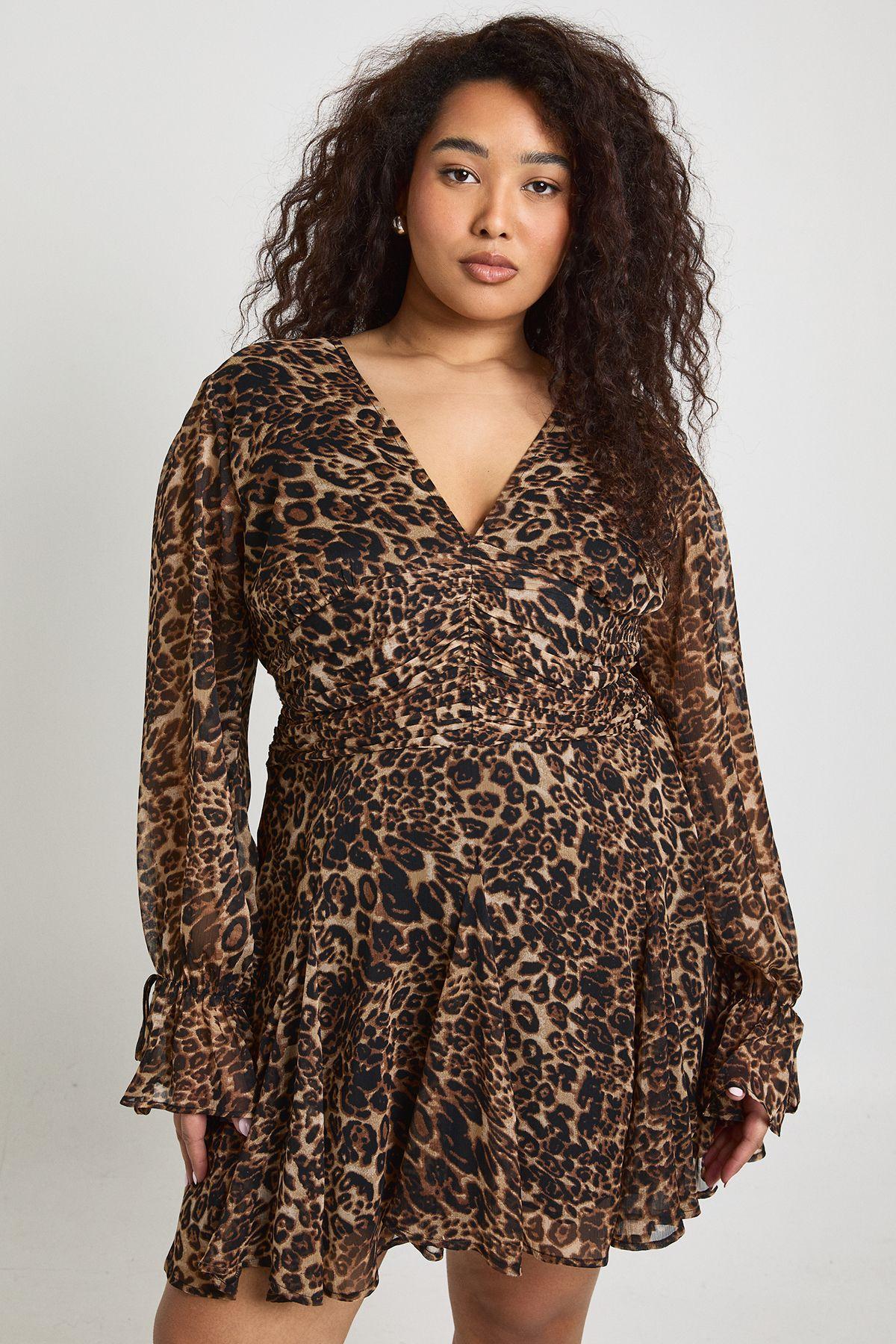 Plus Leopard Cinched Skater Dress by BOOHOO